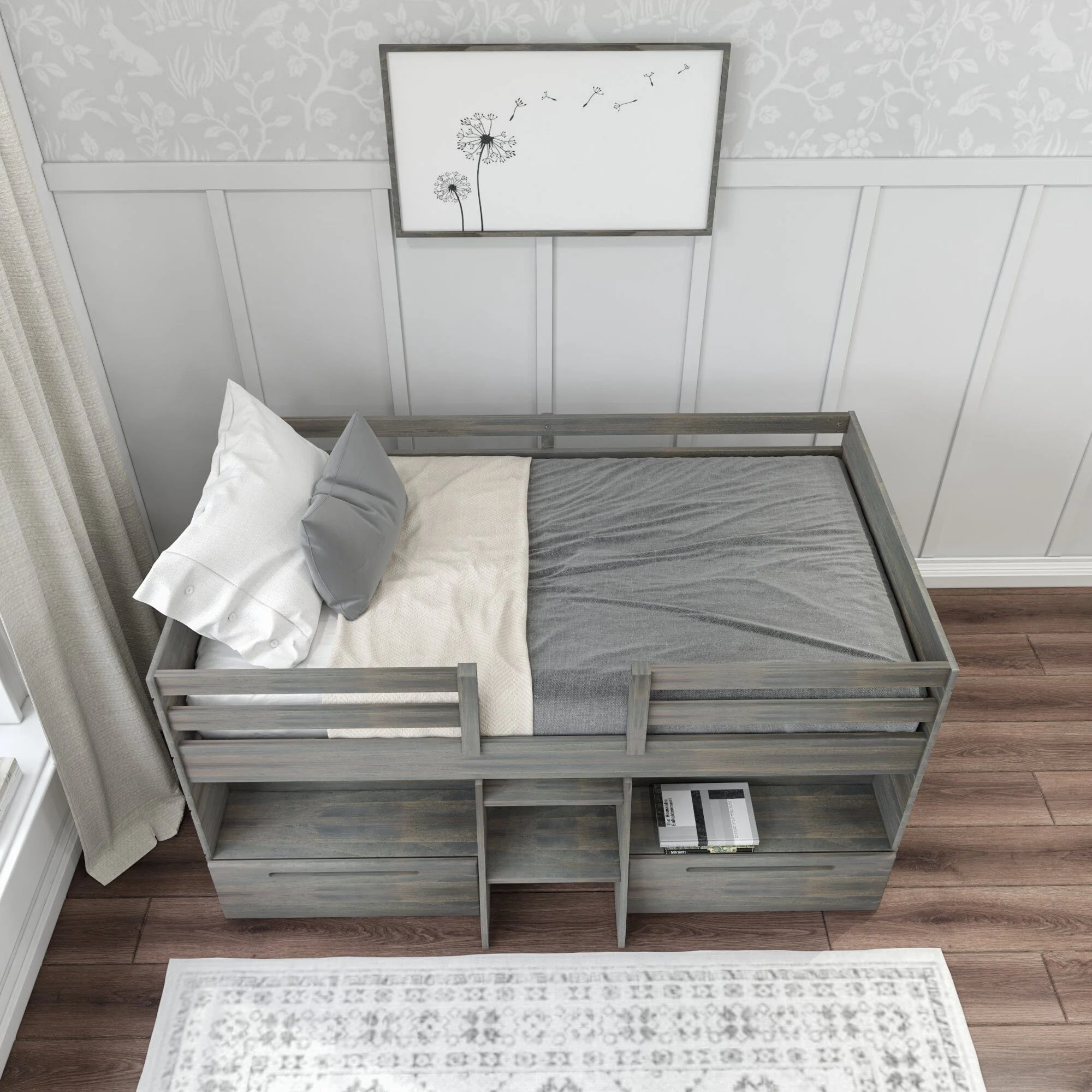 Modern Farmhouse Twin Low Loft Bed With Bookcases & Drawers - Image 6