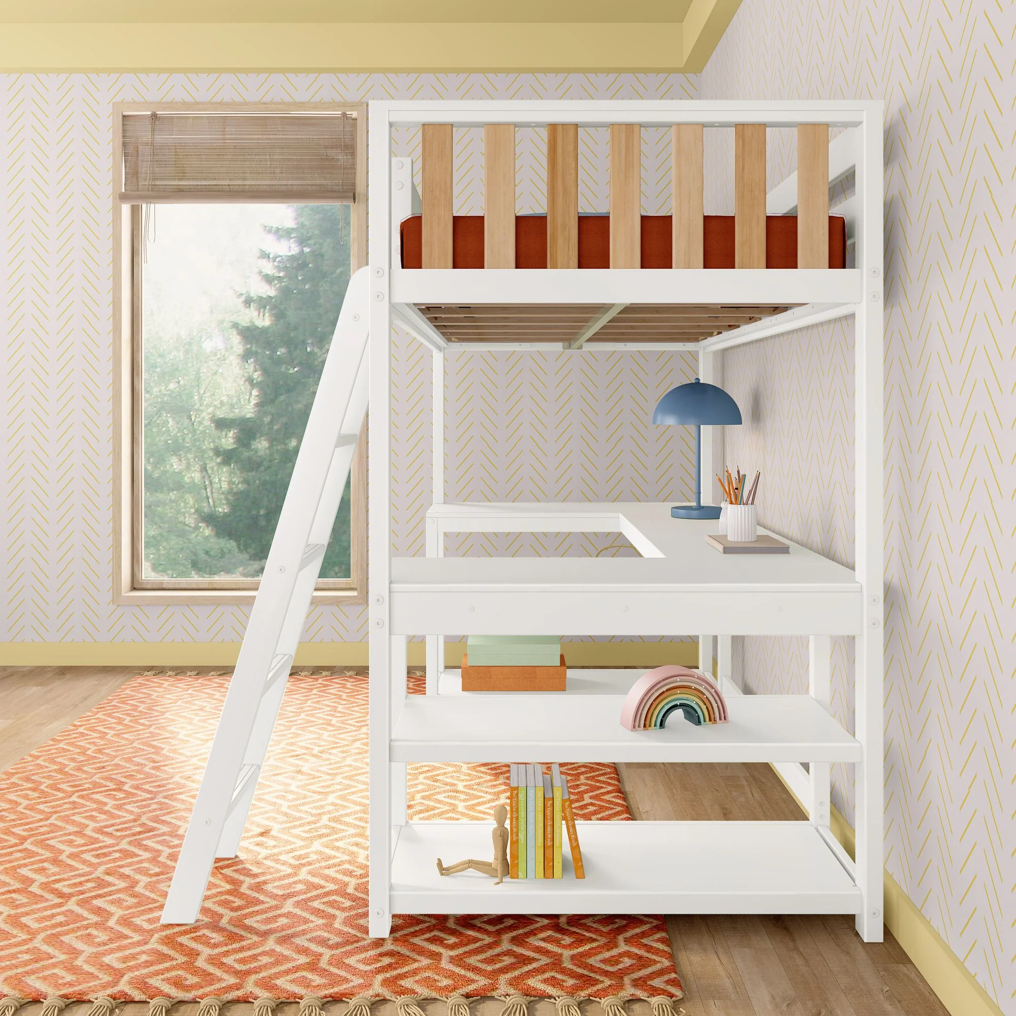 Scandinavian Twin Loft Bed With Wraparound Desk & Shelves - Image 14