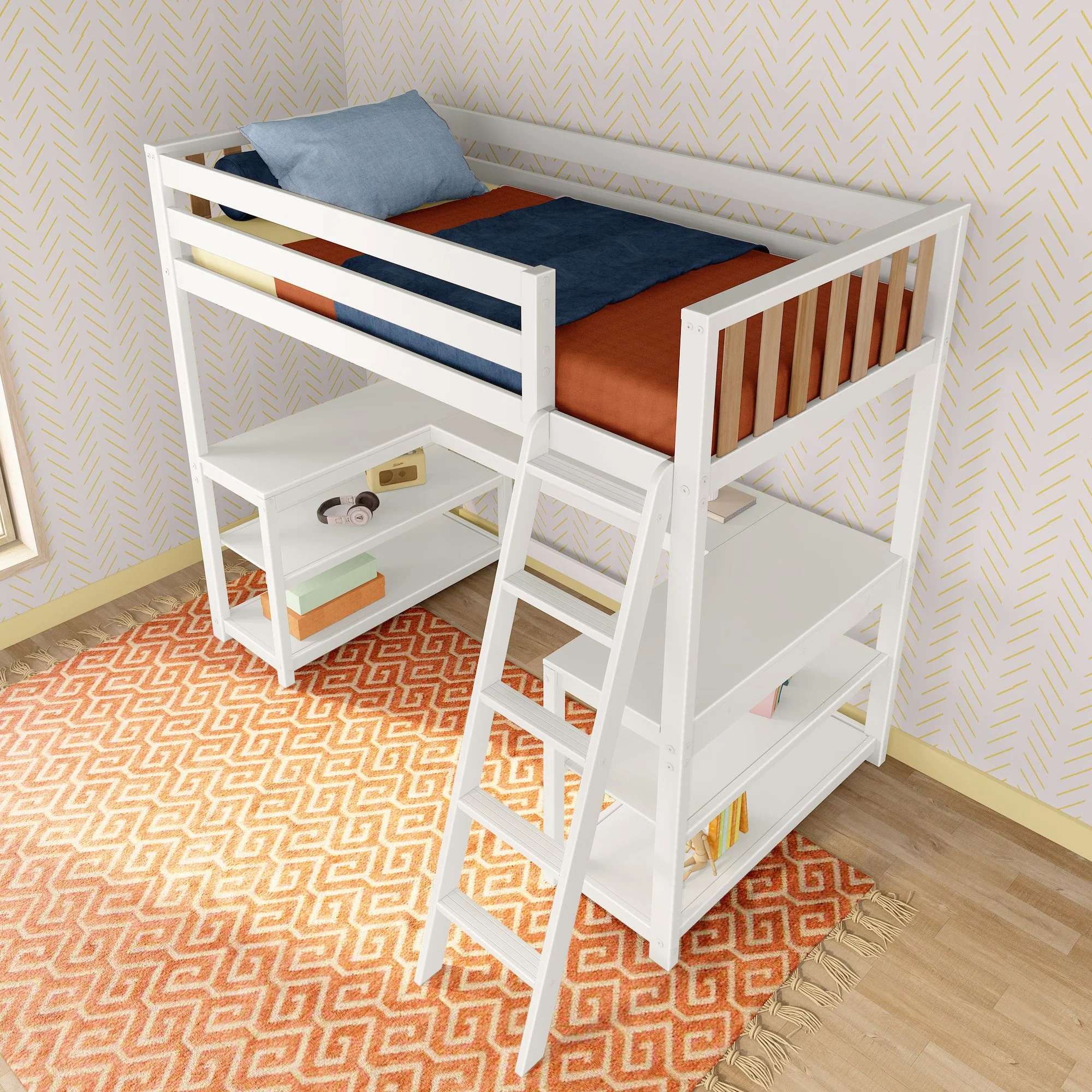 Scandinavian Twin Loft Bed With Wraparound Desk & Shelves - Image 16