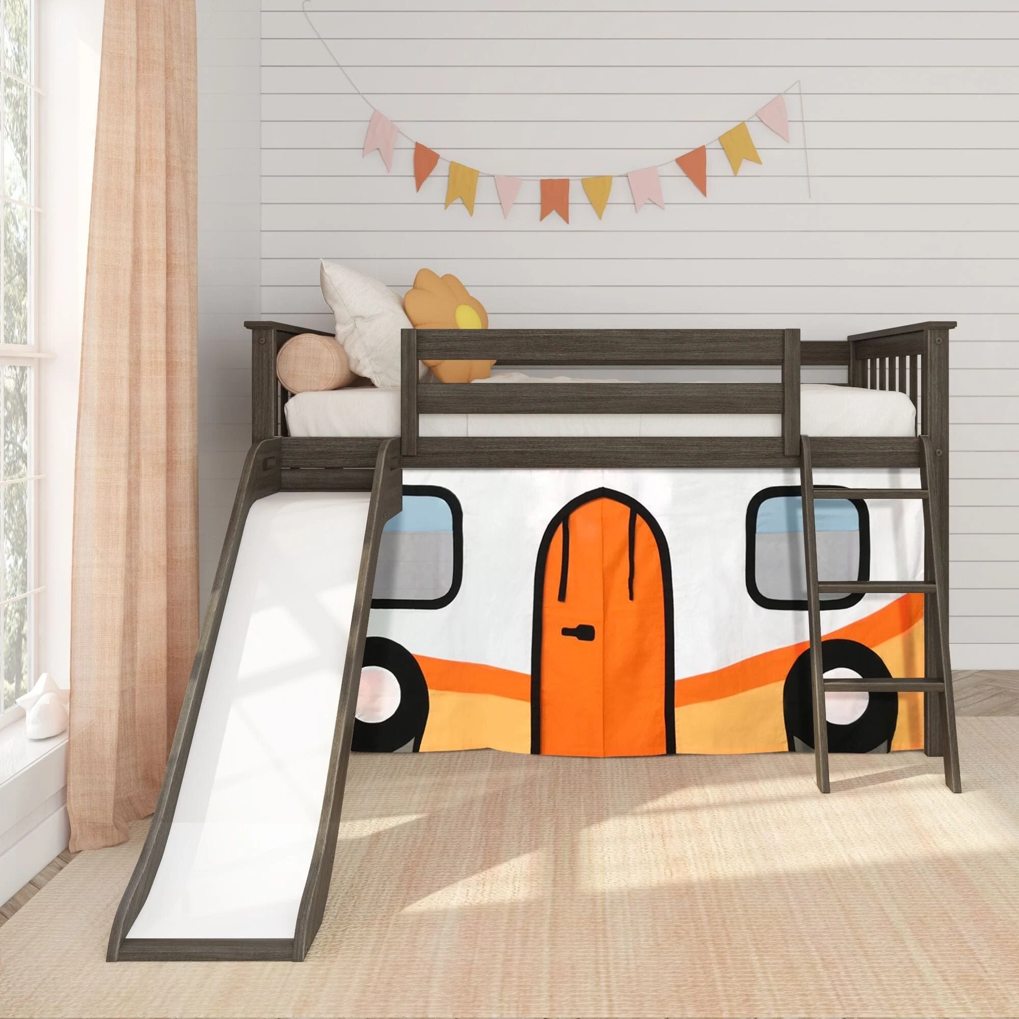 Twin Low Loft Bed with Slide & Camper Van Curtain - Image 3