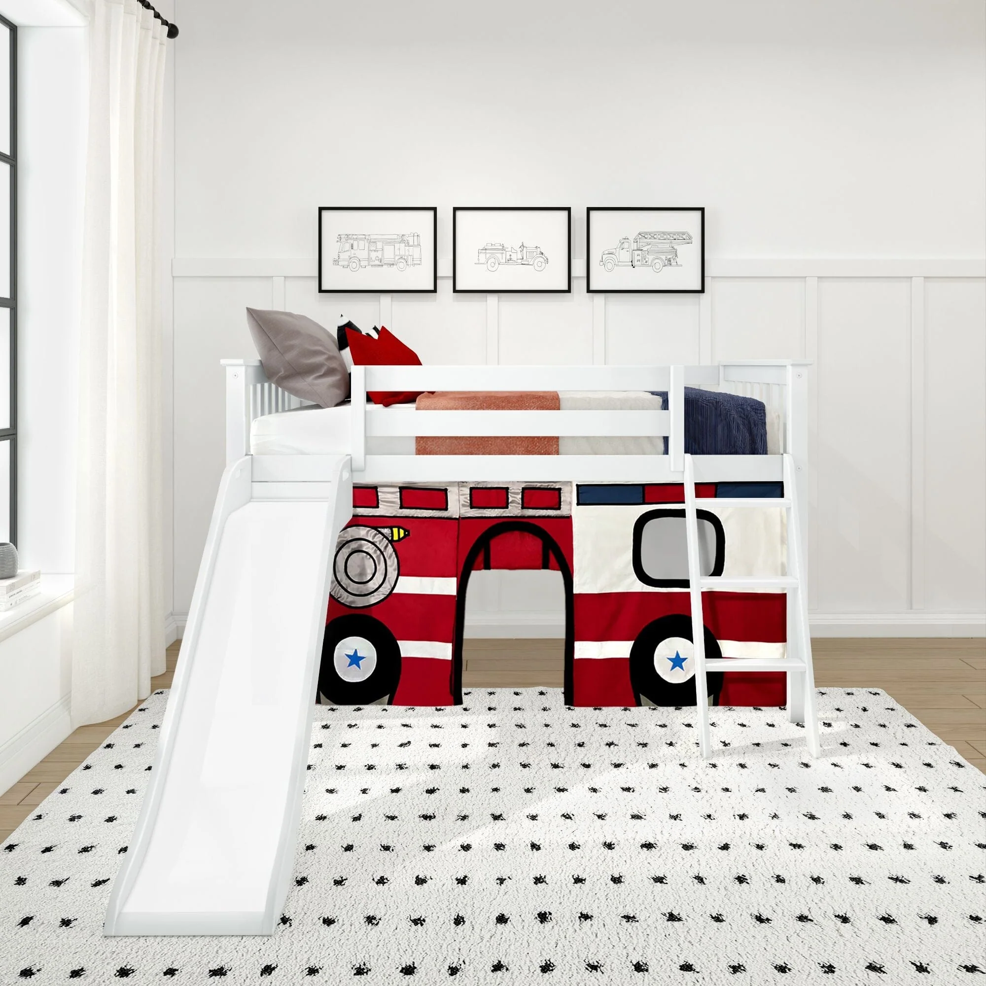 Twin Low Loft Bed with Slide & Firetruck Curtain - Image 3
