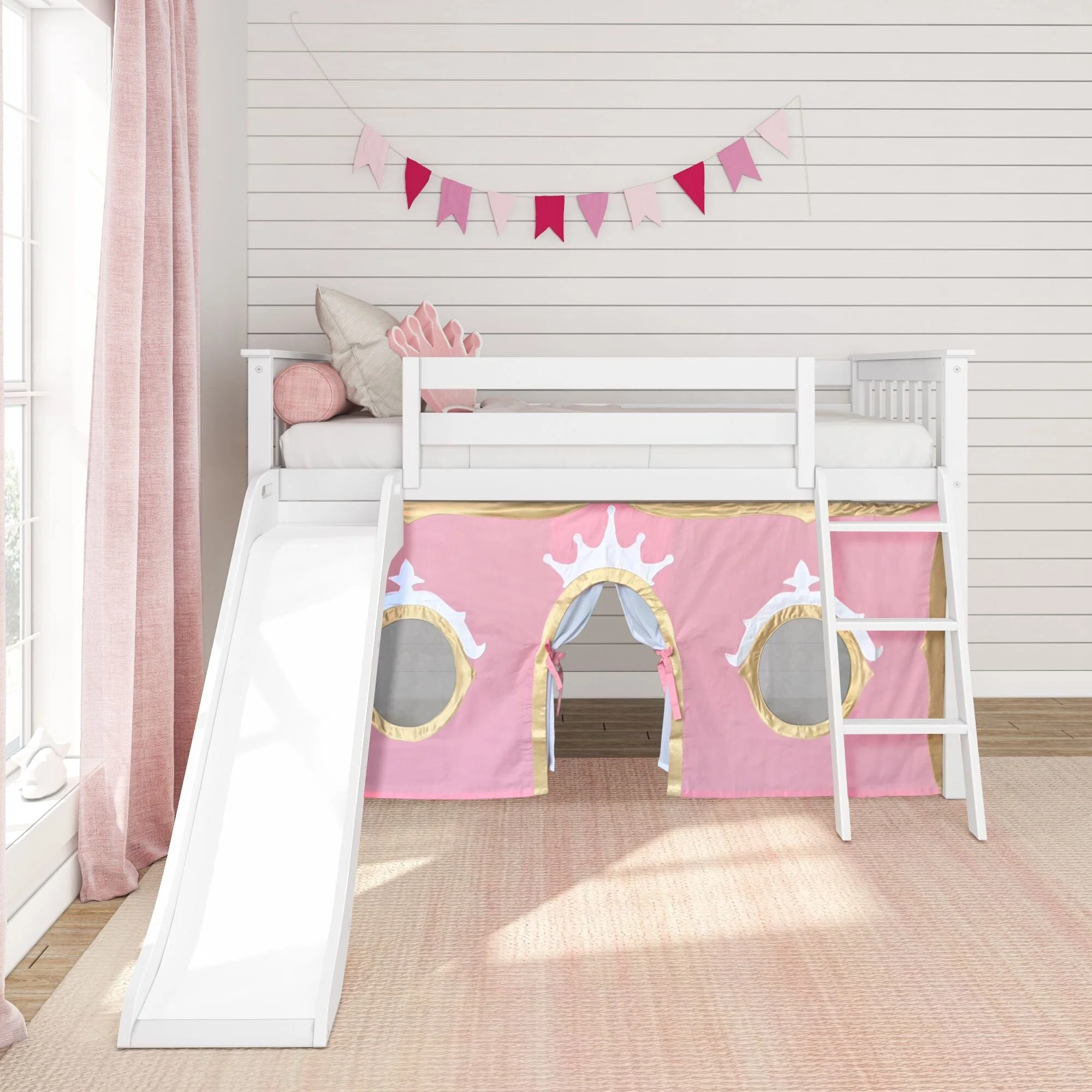 Twin Low Loft Bed with Slide & Princess Curtain - Image 4