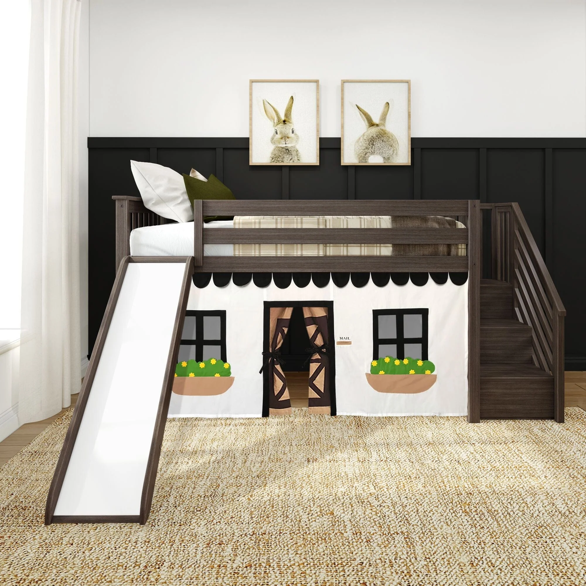 Twin Low Loft Bed with Stairs, Slide, and Black & White Farmhouse Curtain - Image 3