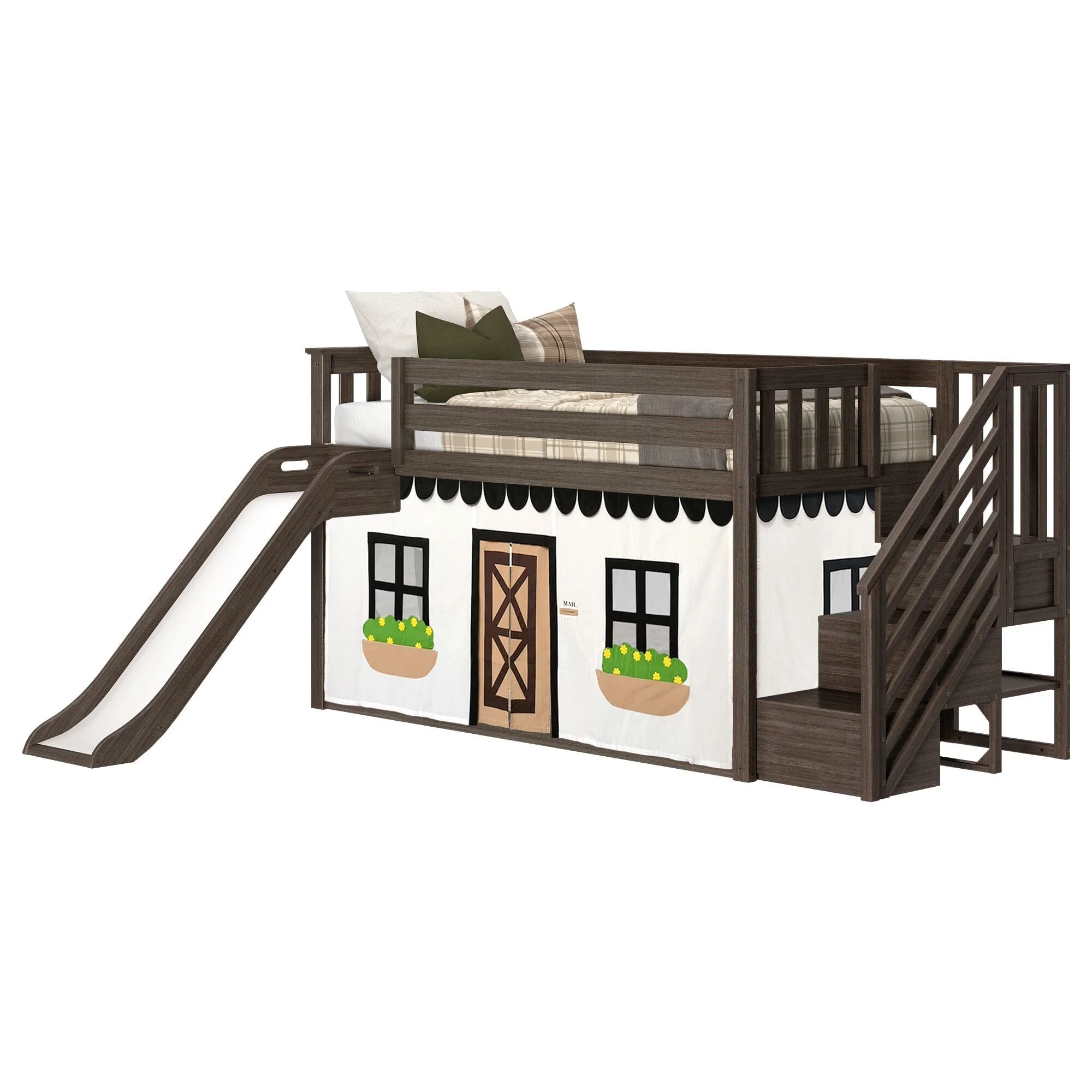 Twin Low Loft Bed with Stairs, Slide, and Black & White Farmhouse Curtain - Image 5
