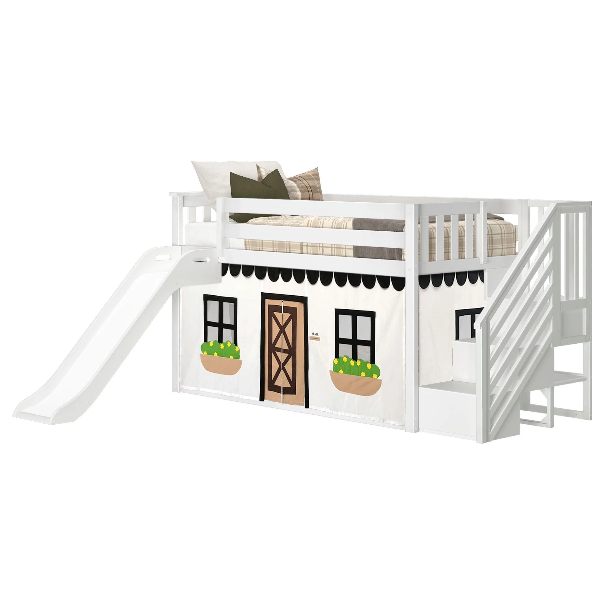 Twin Low Loft Bed with Stairs, Slide, and Black & White Farmhouse Curtain - Image 6