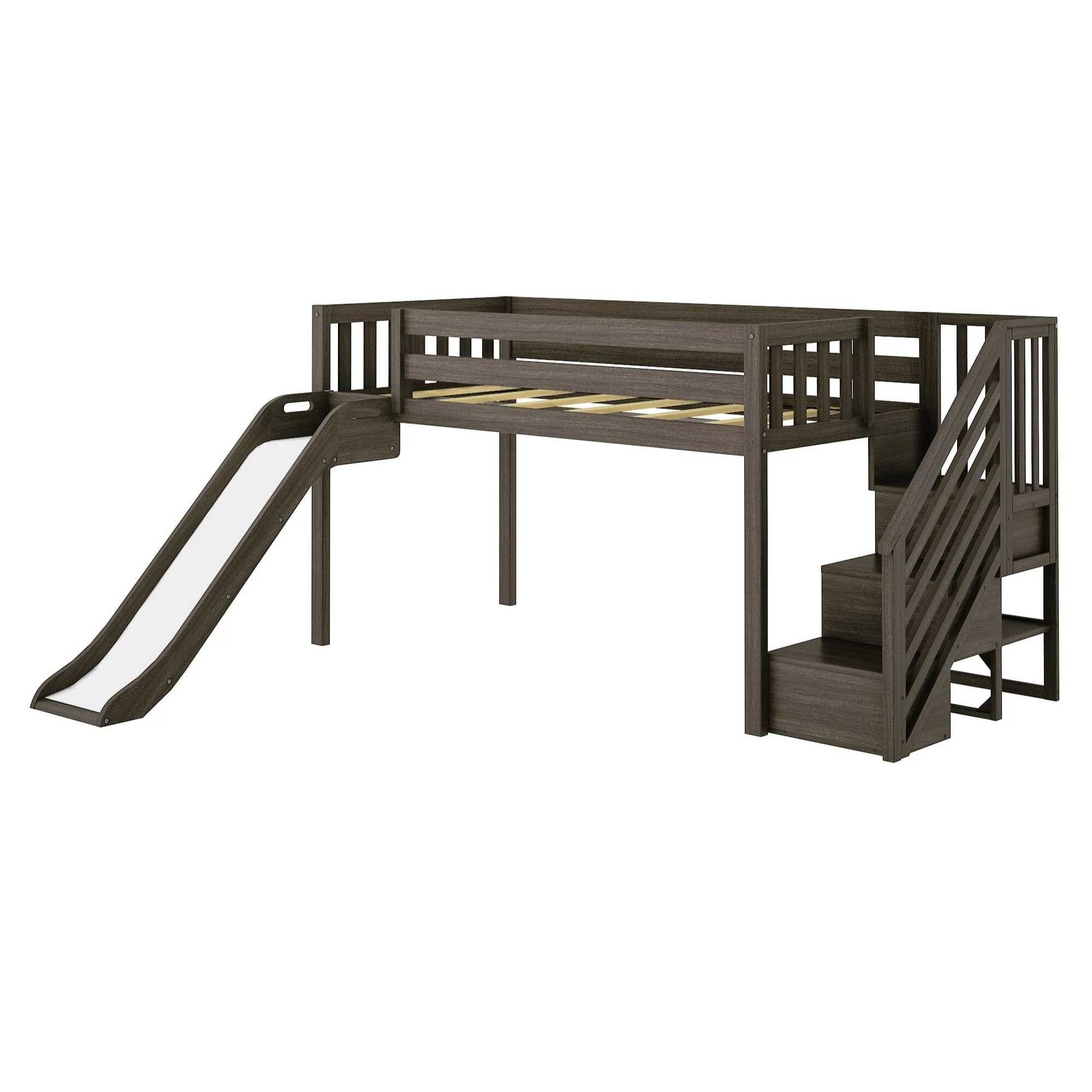 Twin Low Loft Bed with Stairs, Slide, and Black & White Farmhouse Curtain - Image 7