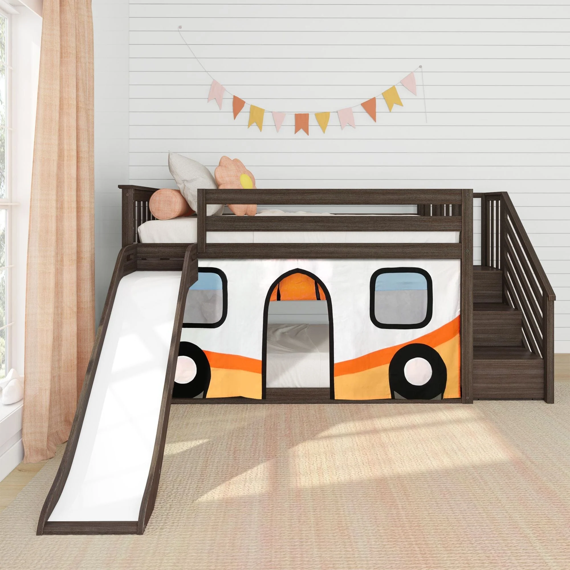 Twin Low Loft Bed with Stairs, Slide, and Camper Van Curtain - Image 3