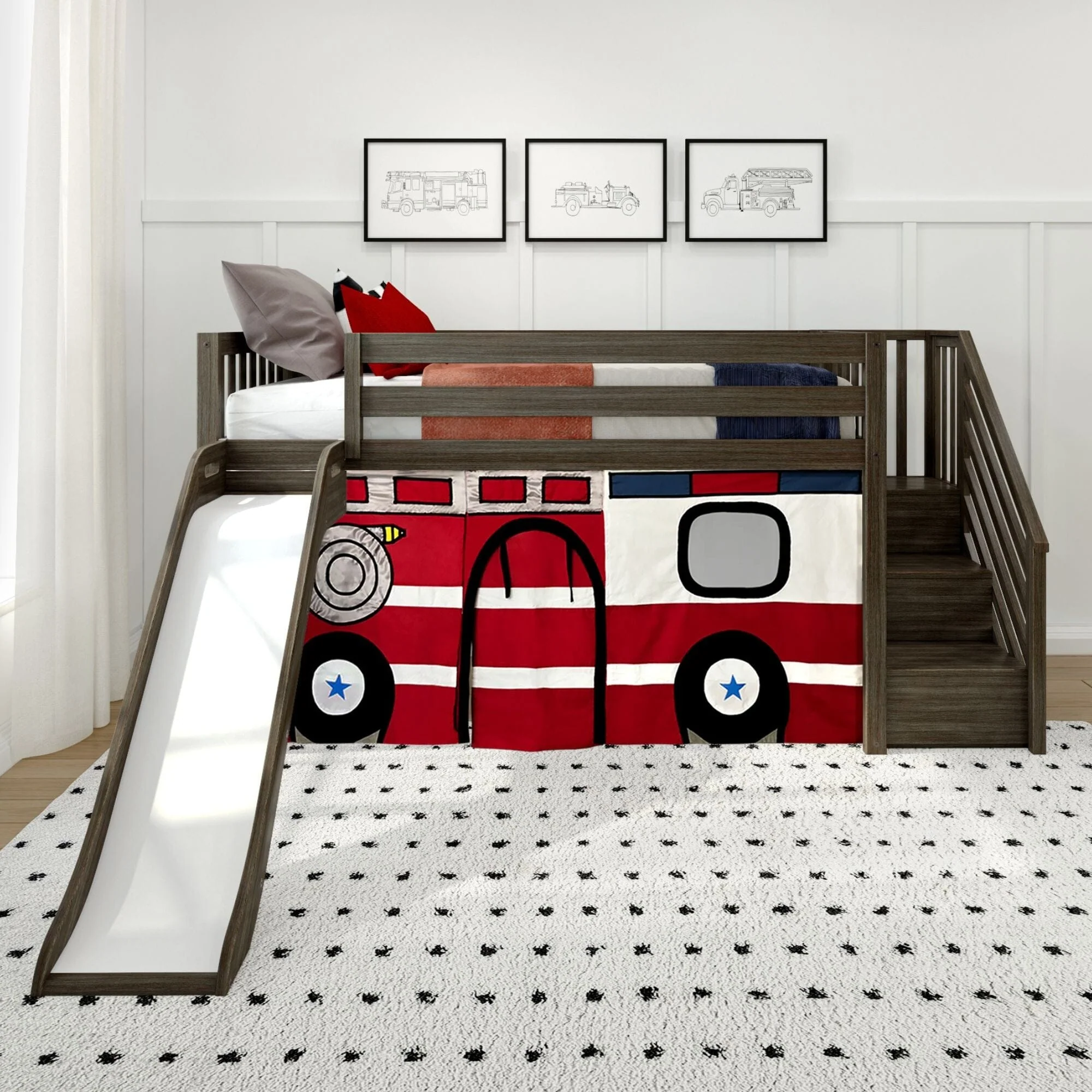 Twin Low Loft Bed with Stairs, Slide, and Firetruck Curtain - Image 3