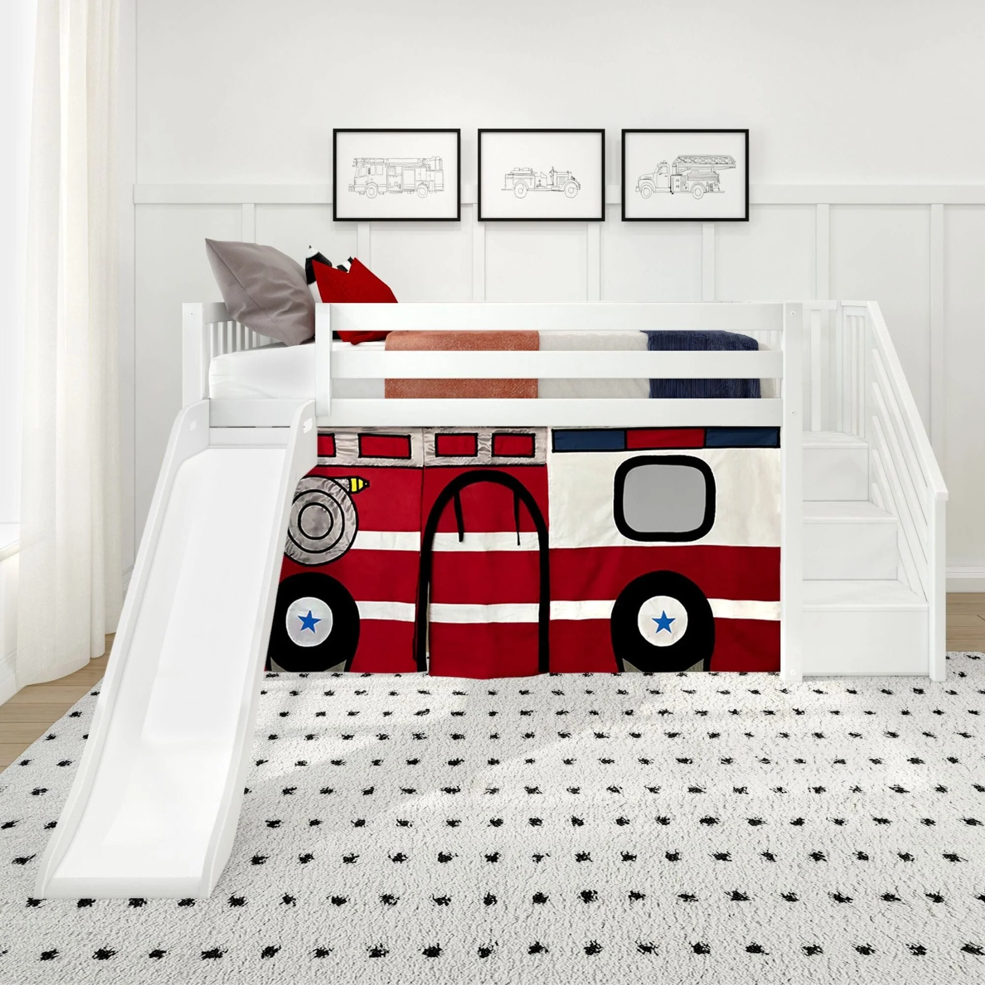 Twin Low Loft Bed with Stairs, Slide, and Firetruck Curtain - Image 4