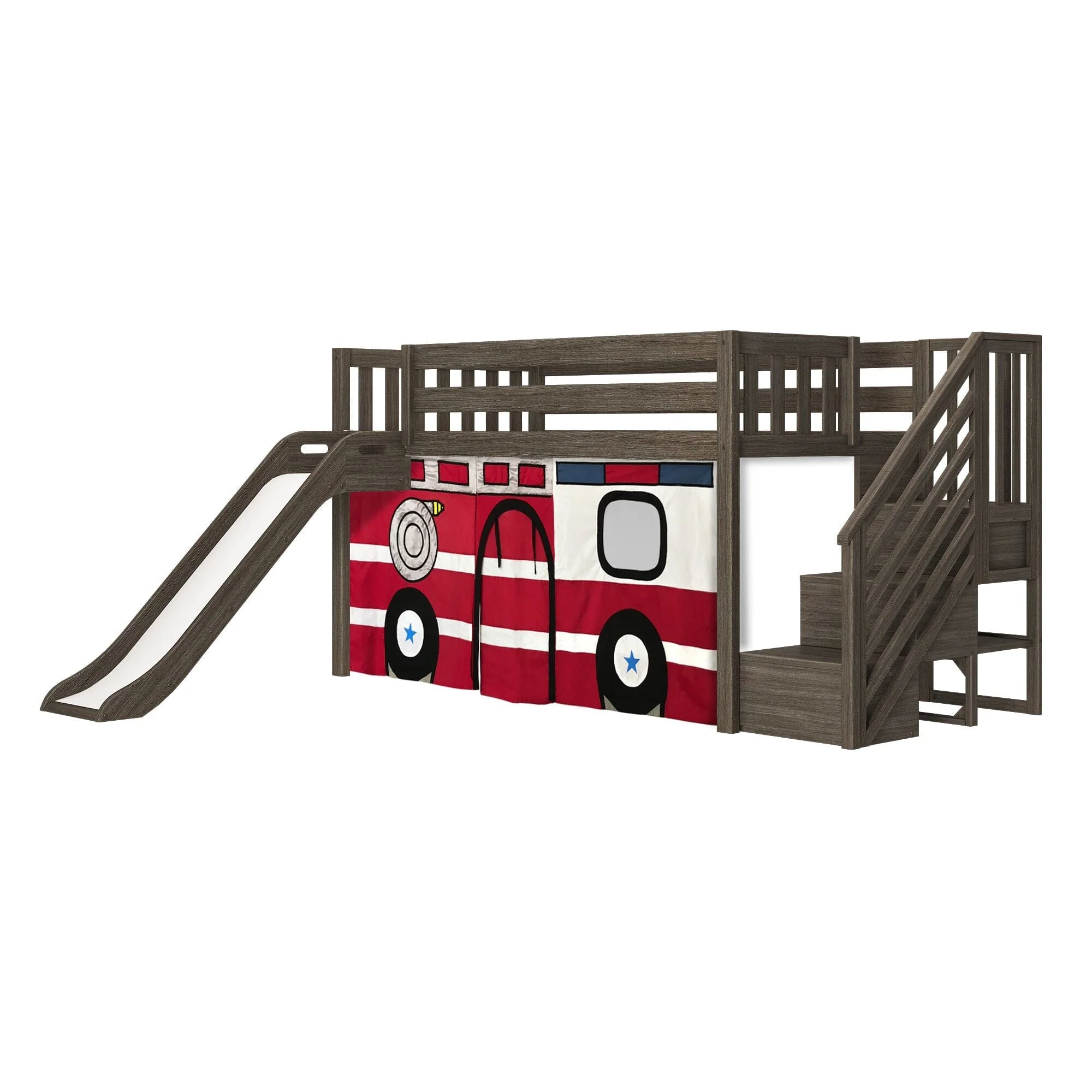 Twin Low Loft Bed with Stairs, Slide, and Firetruck Curtain - Image 5