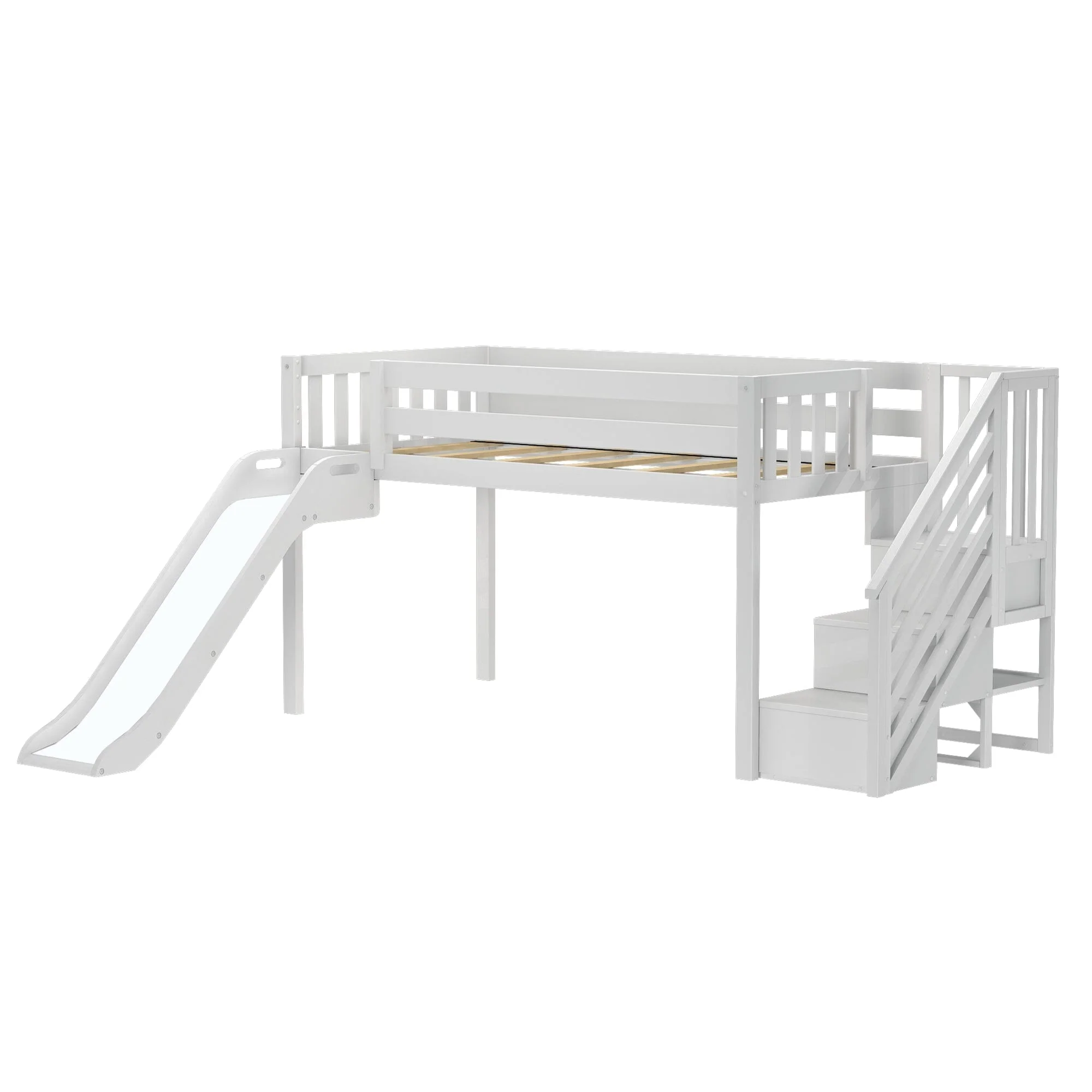Twin Low Loft Bed with Stairs, Slide, and Firetruck Curtain - Image 8
