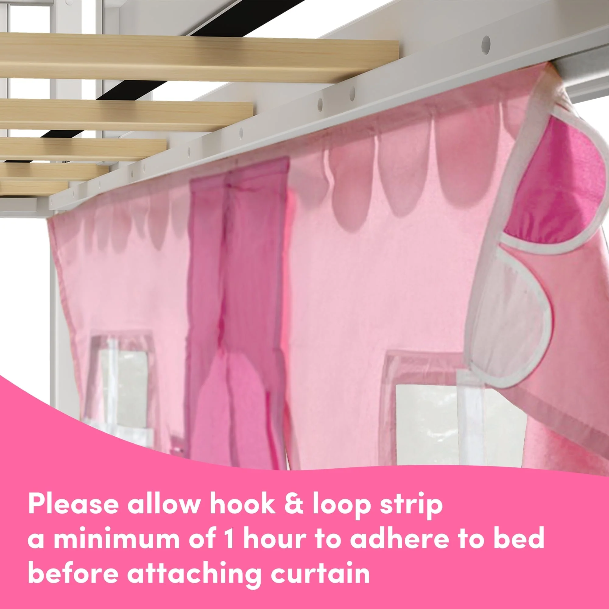 Twin Low Loft Bed with Stairs, Slide, and Pink & White Farmhouse Curtain - Image 10