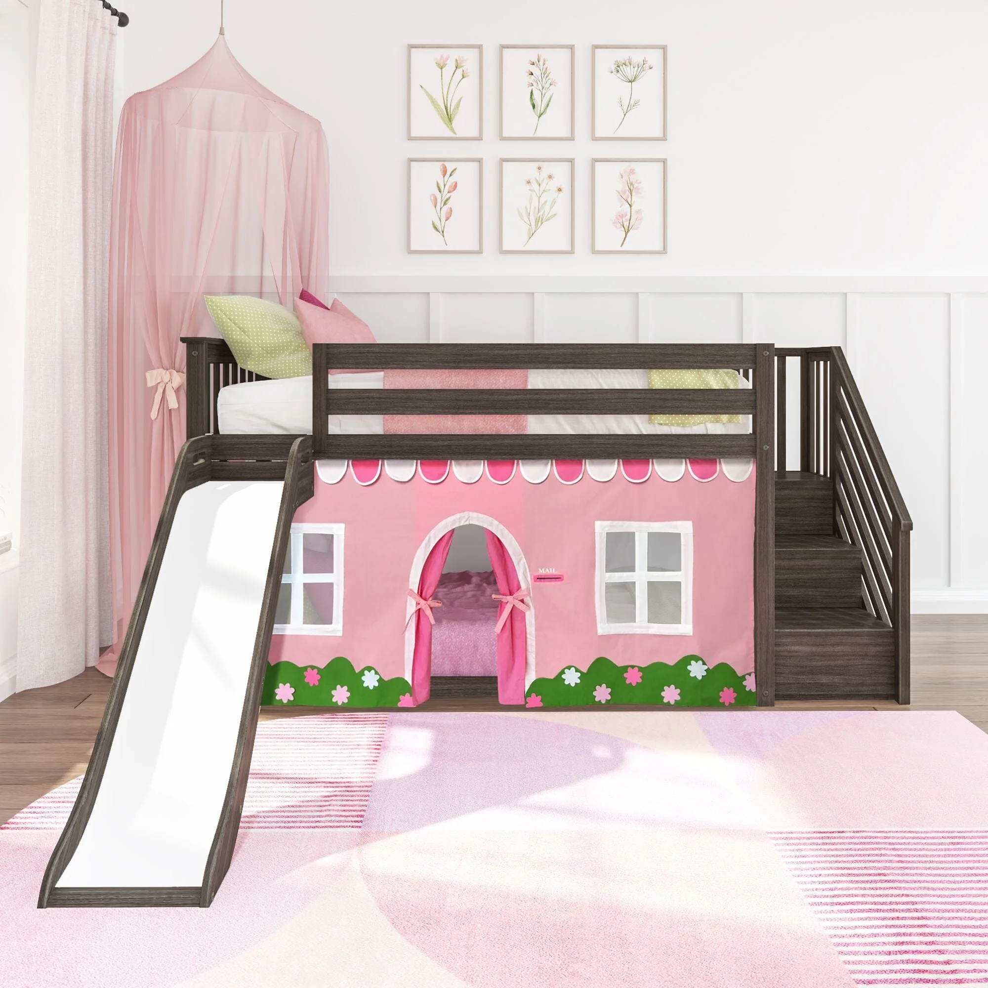 Twin Low Loft Bed with Stairs, Slide, and Pink & White Farmhouse Curtain - Image 3