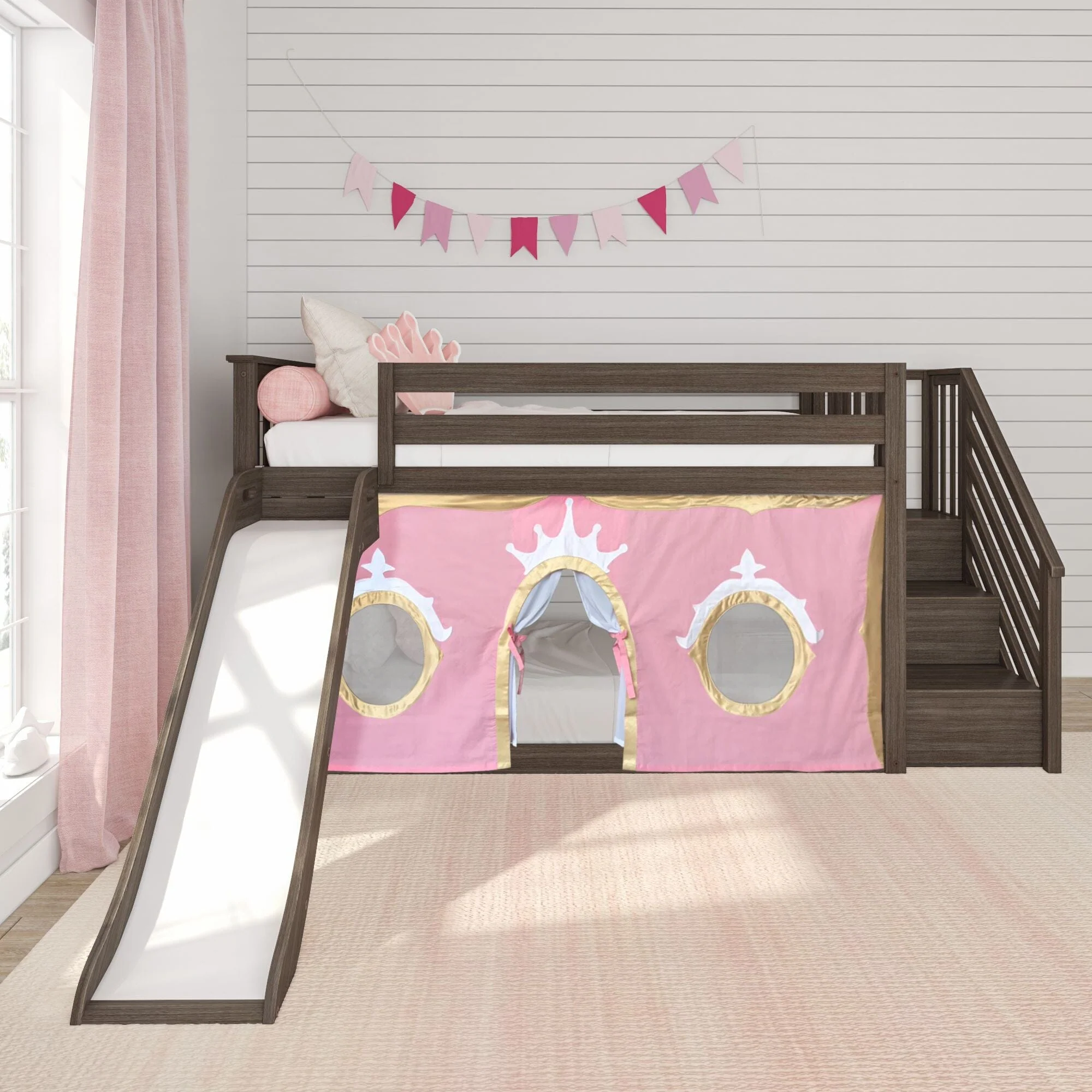 Twin Low Loft Bed with Stairs, Slide, and Princess Curtain - Image 3