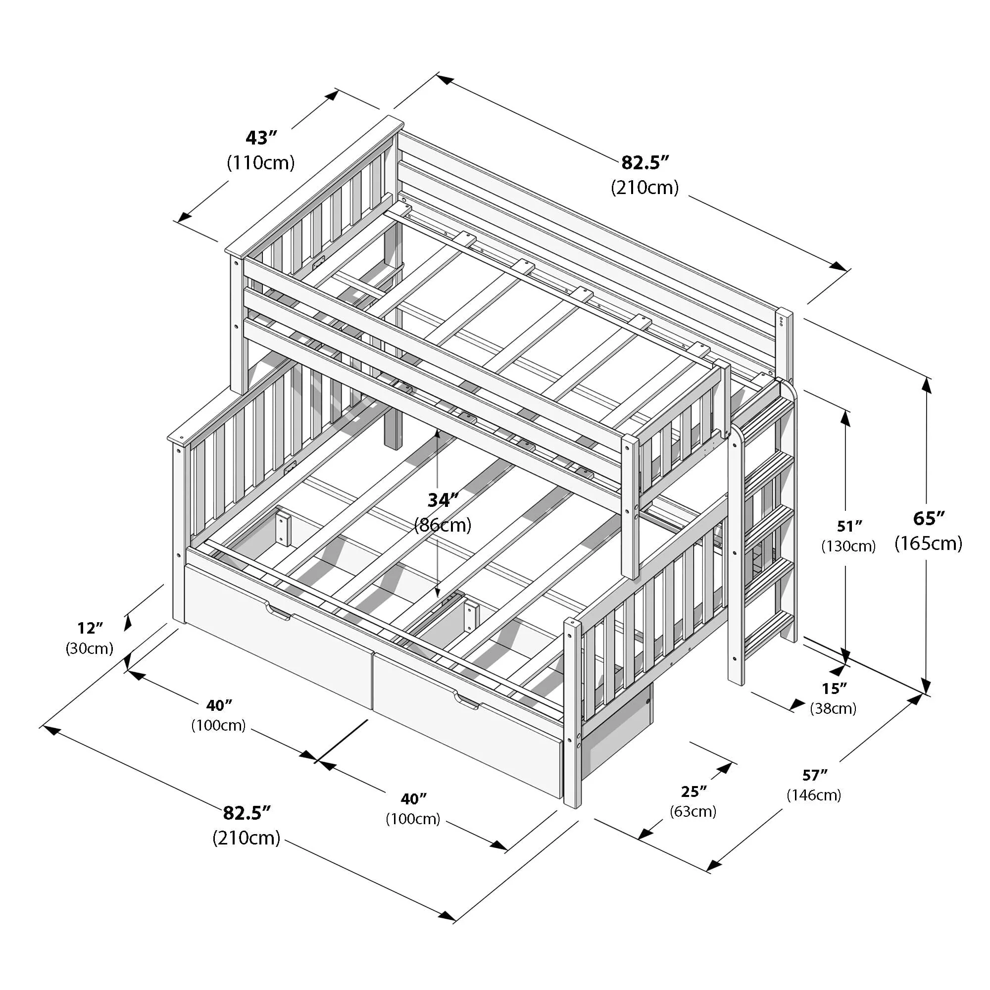 Twin Over Full Bunk Bed With Storage Drawers & Ladder on End - Image 36