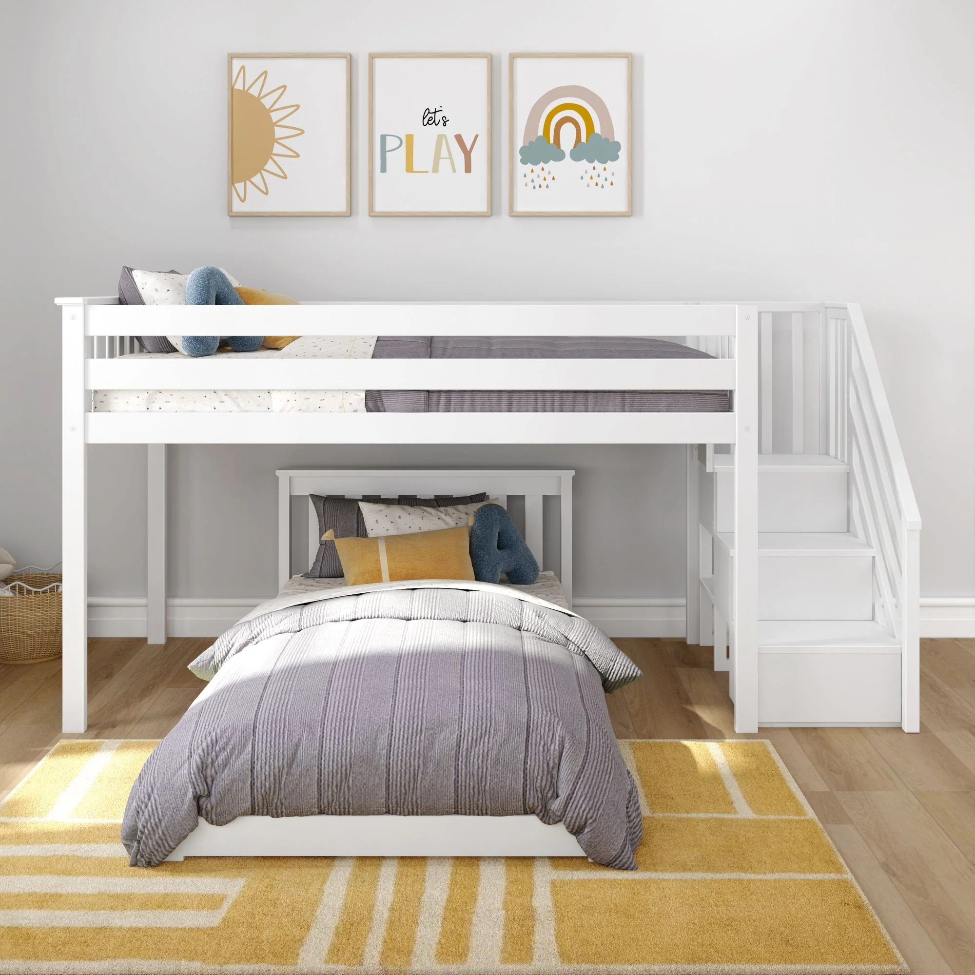 Twin Over Twin L-Shaped Low Bunk Bed With Stairs - Image 2