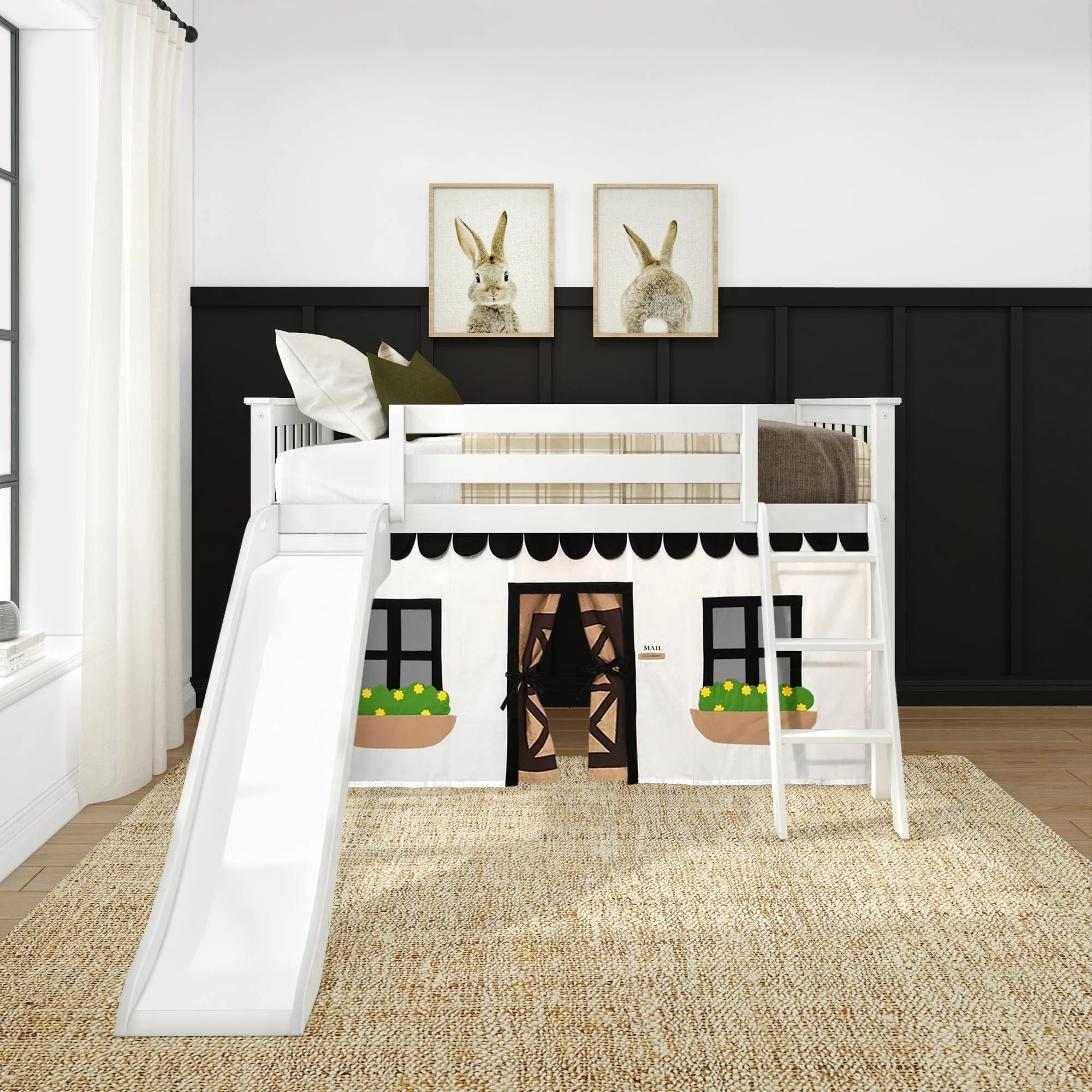 Twin Over Twin Low Bunk Bed with Slide & Black & White Farmhouse Curtain - Image 4