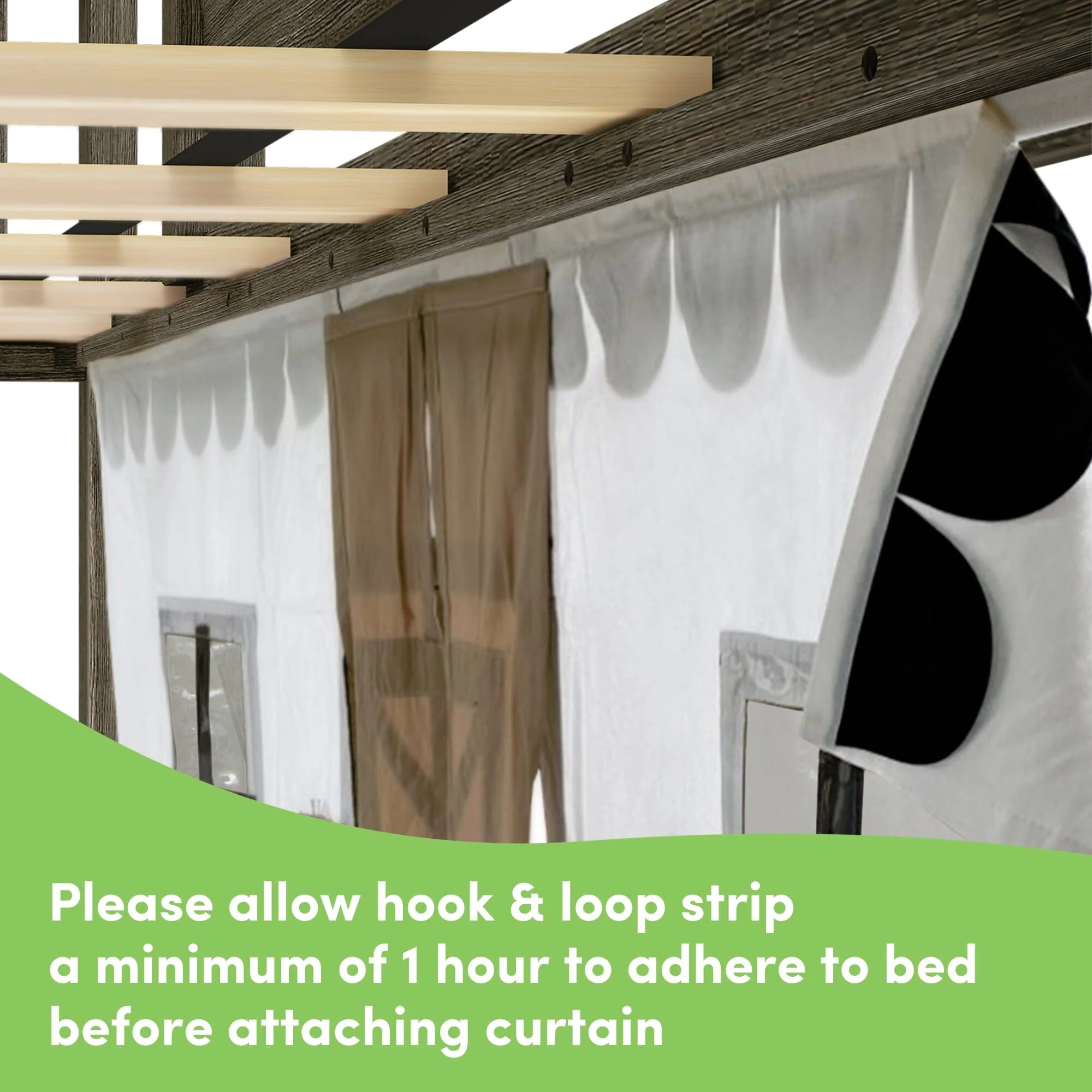 Twin Over Twin Low Bunk Bed with Slide & Black & White Farmhouse Curtain - Image 9