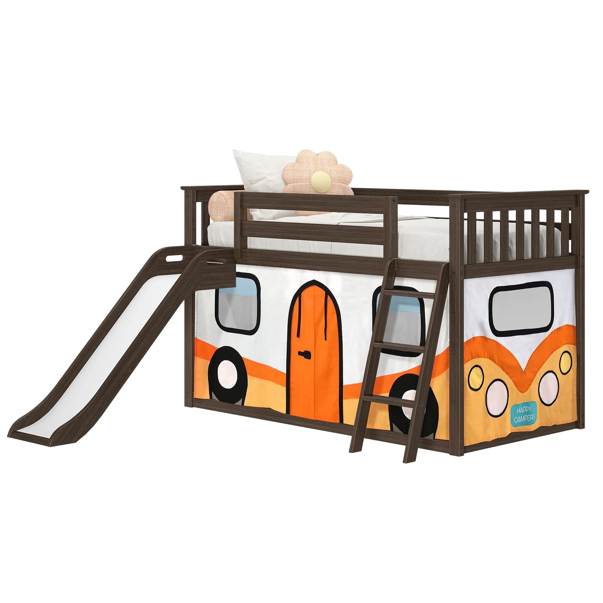 Twin Over Twin Low Bunk Bed with Slide & Camper Van Curtain - Image 6
