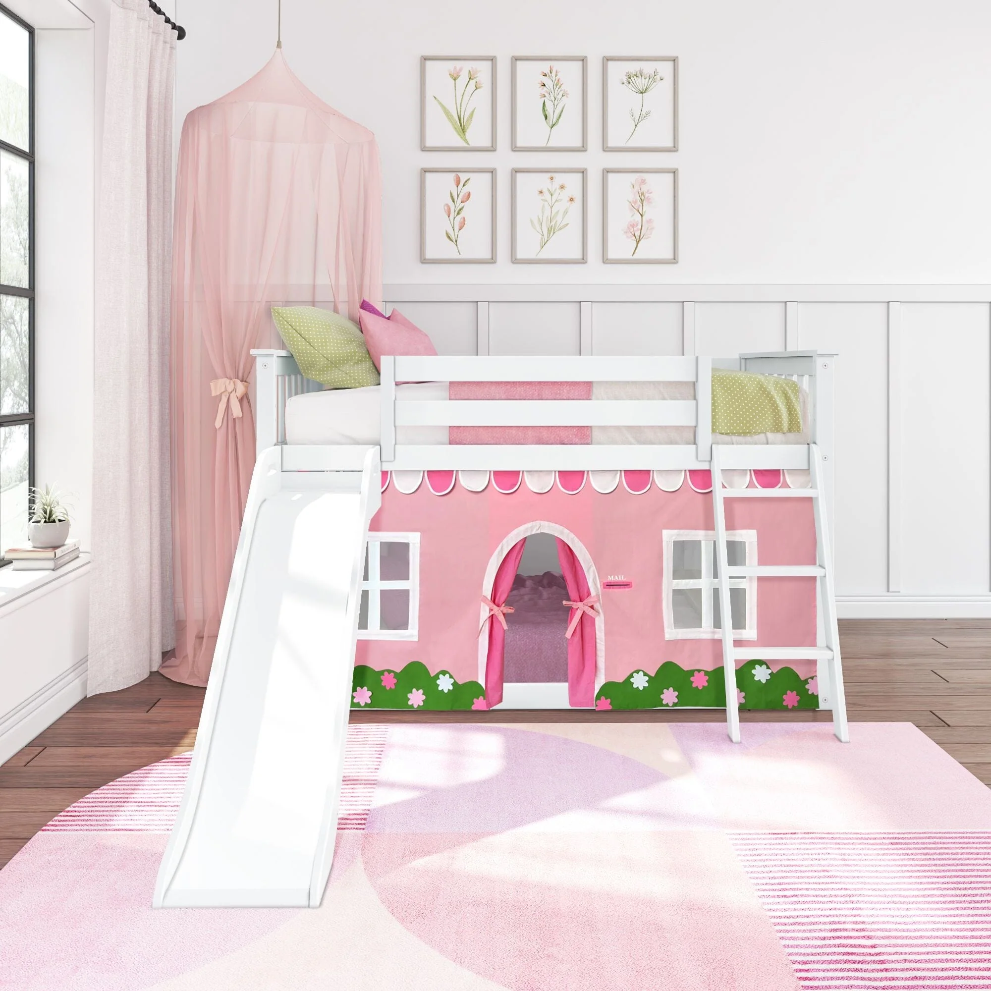 Twin Over Twin Low Bunk Bed with Slide & Pink & White Farmhouse Curtain - Image 3