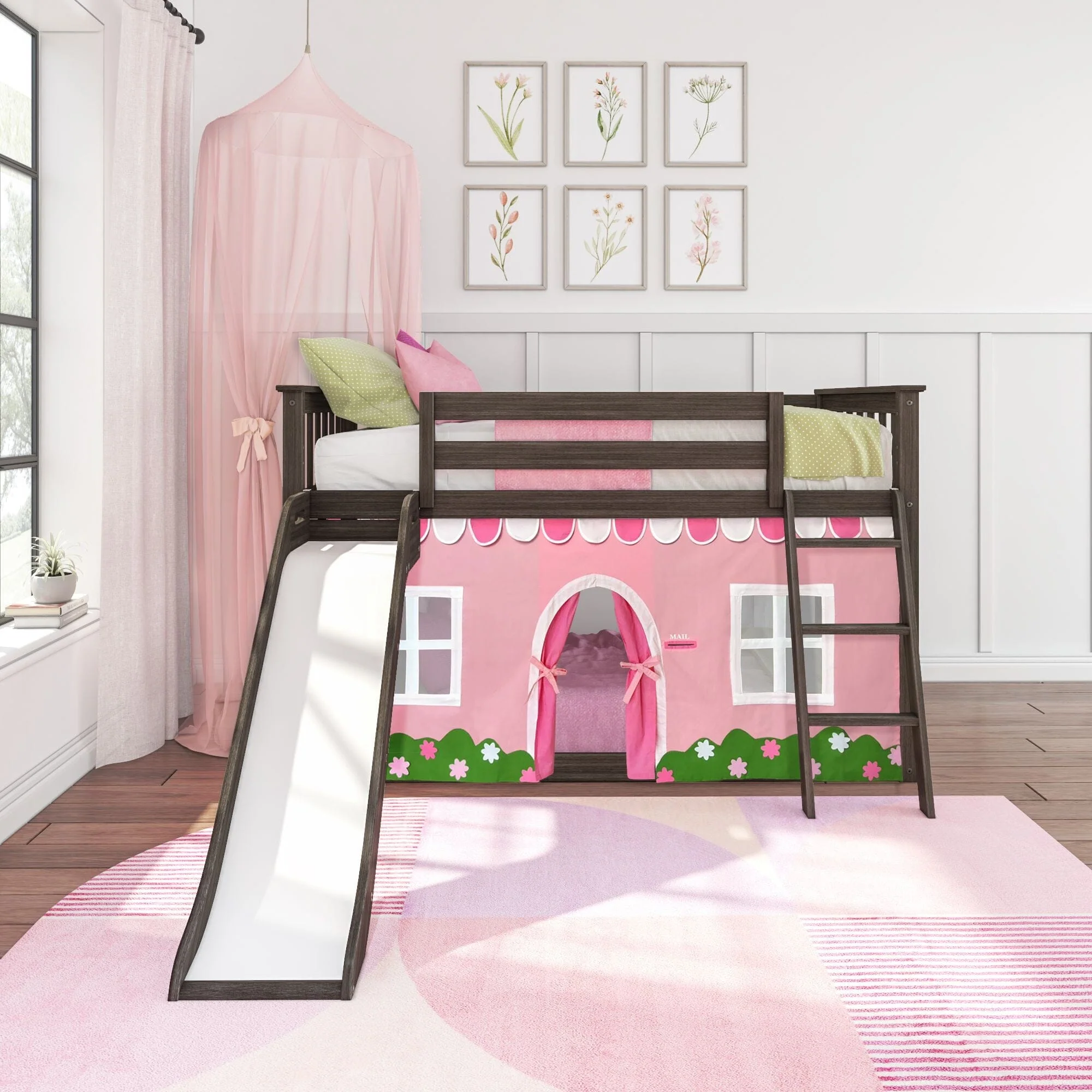 Twin Over Twin Low Bunk Bed with Slide & Pink & White Farmhouse Curtain - Image 4