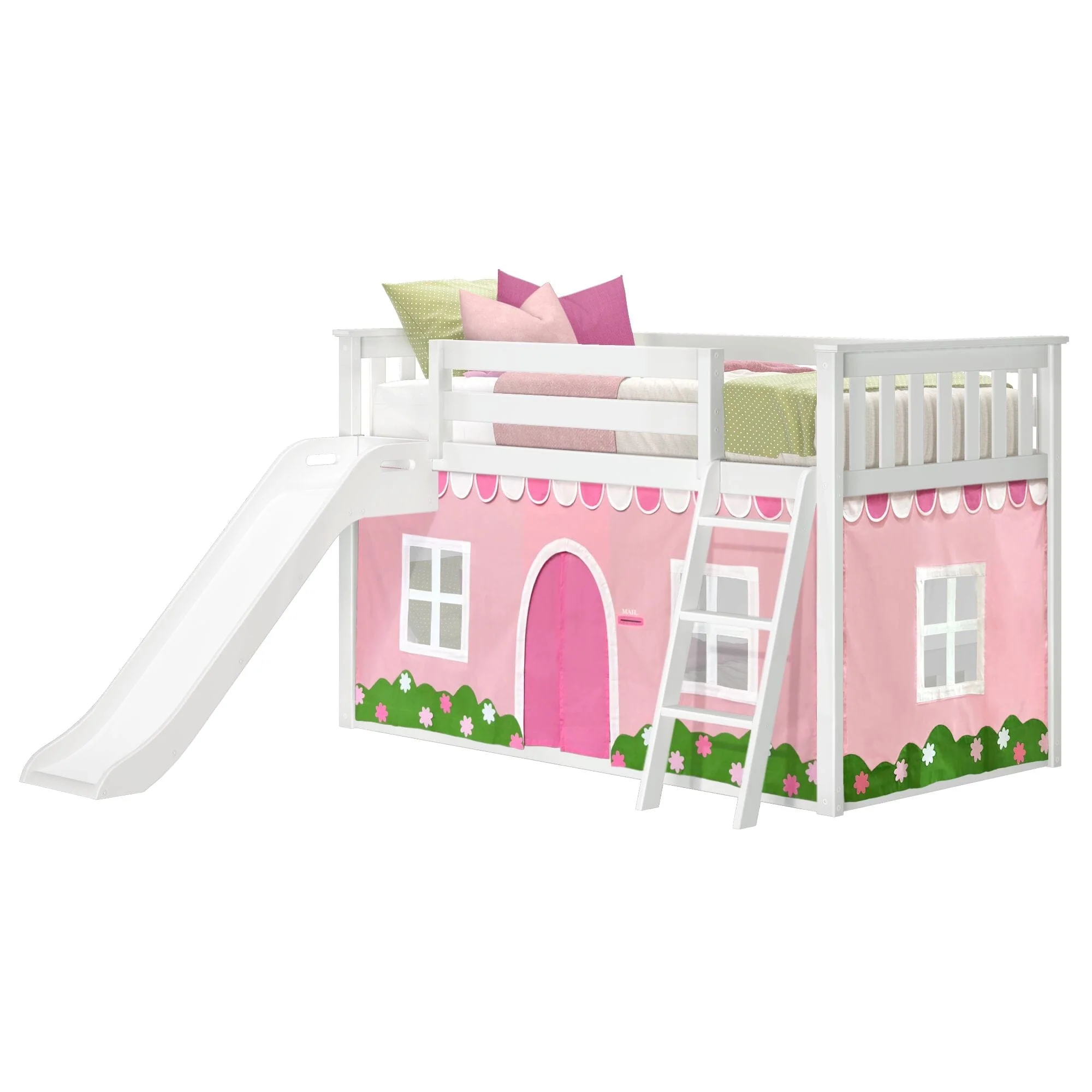 Twin Over Twin Low Bunk Bed with Slide & Pink & White Farmhouse Curtain - Image 5