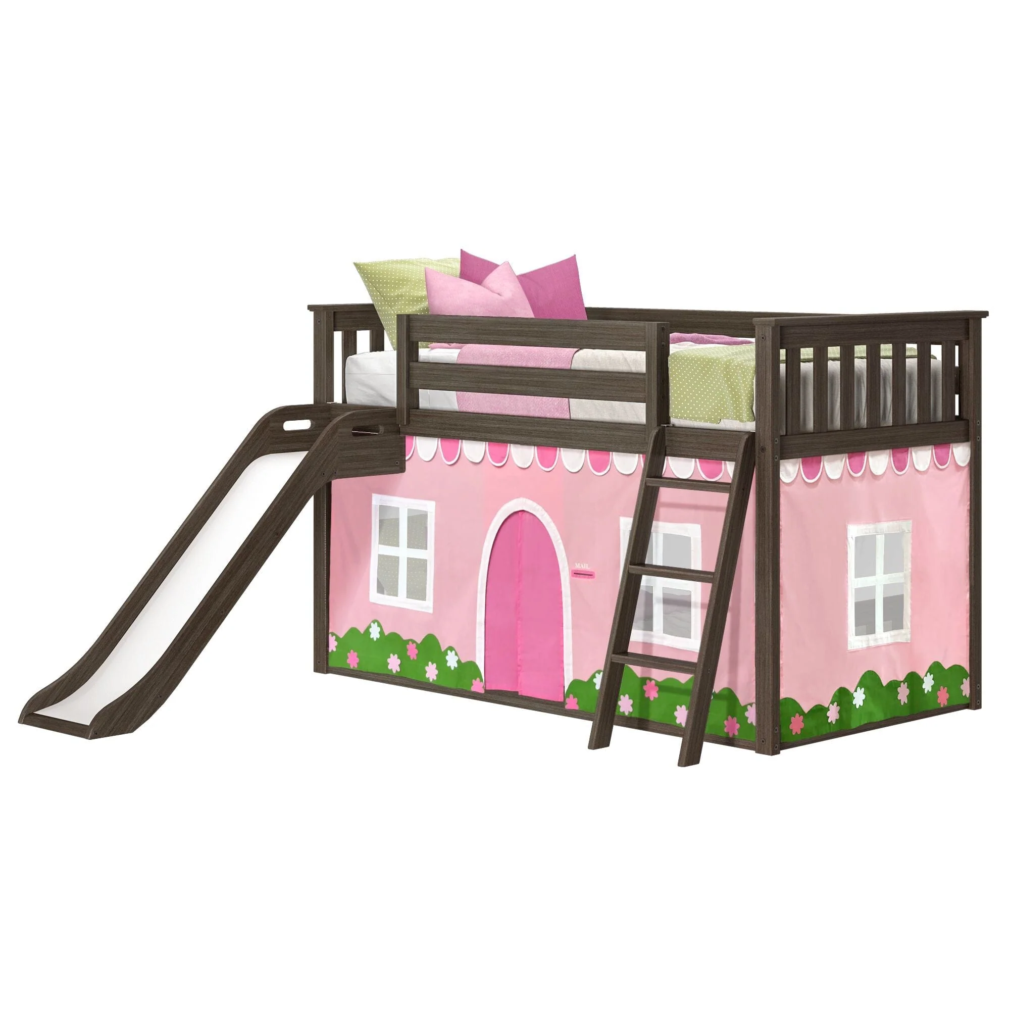 Twin Over Twin Low Bunk Bed with Slide & Pink & White Farmhouse Curtain - Image 6