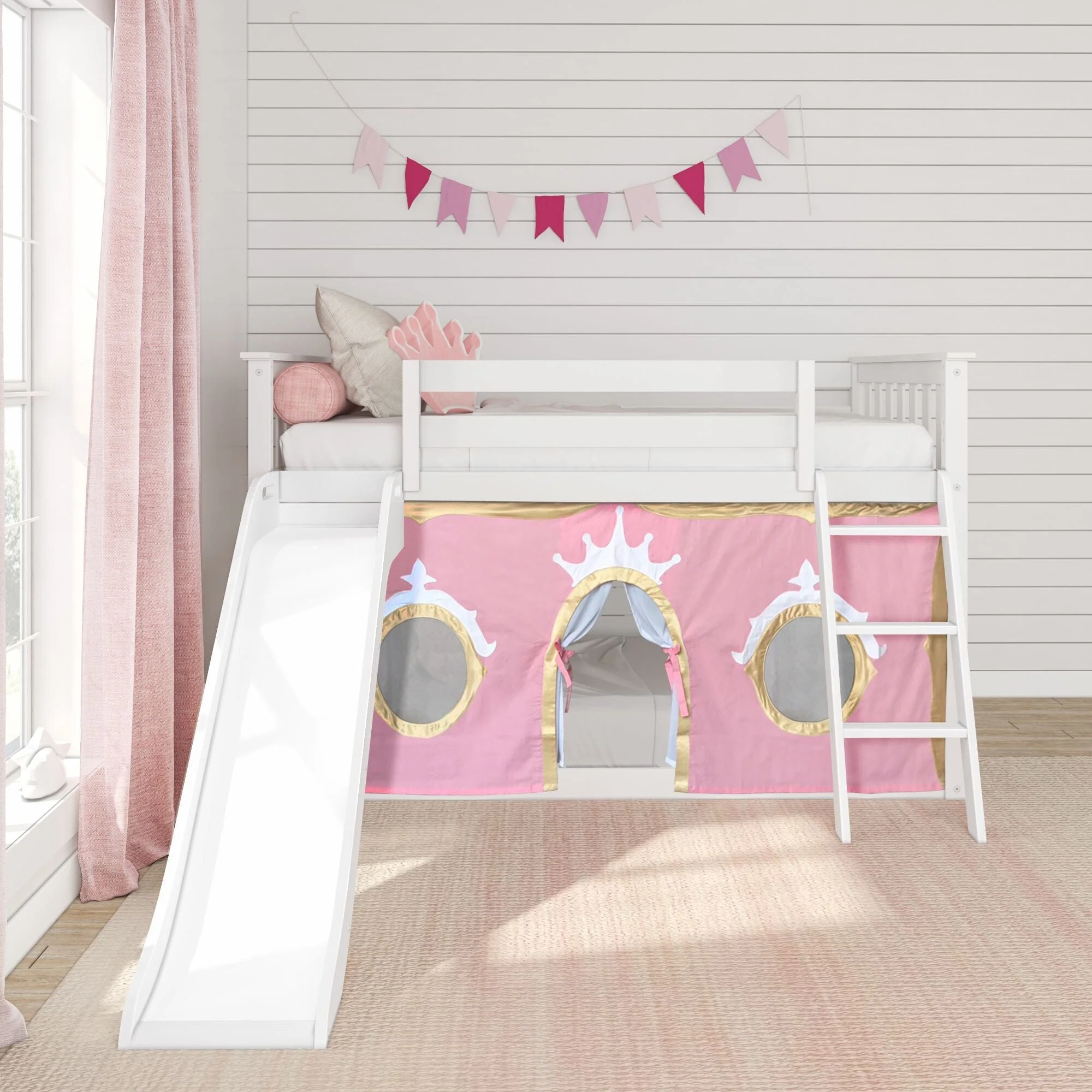 Twin Over Twin Low Bunk Bed with Slide & Princess Curtain - Image 3