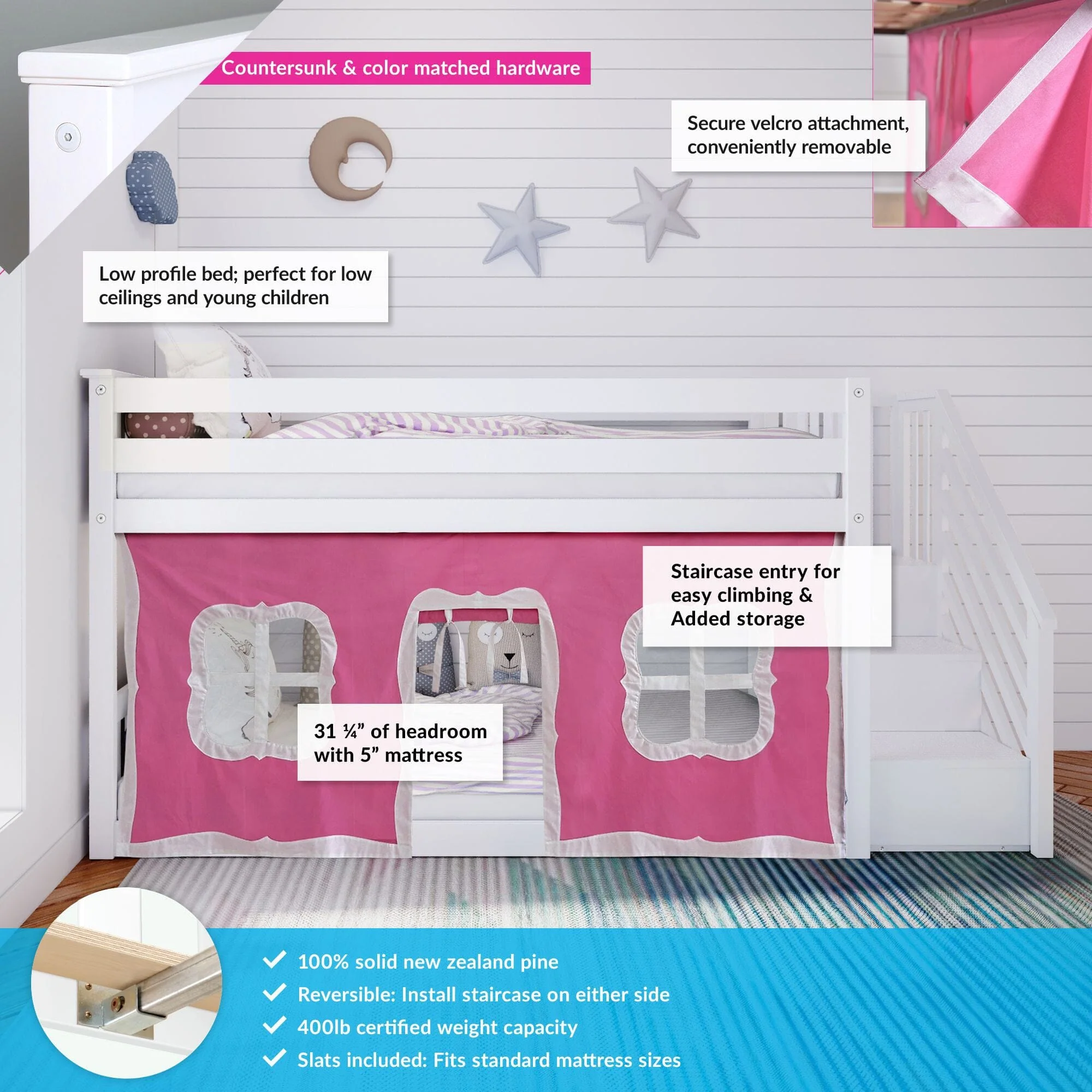 Twin Over Twin Low Bunk Bed With Staircase & Curtains - Image 11