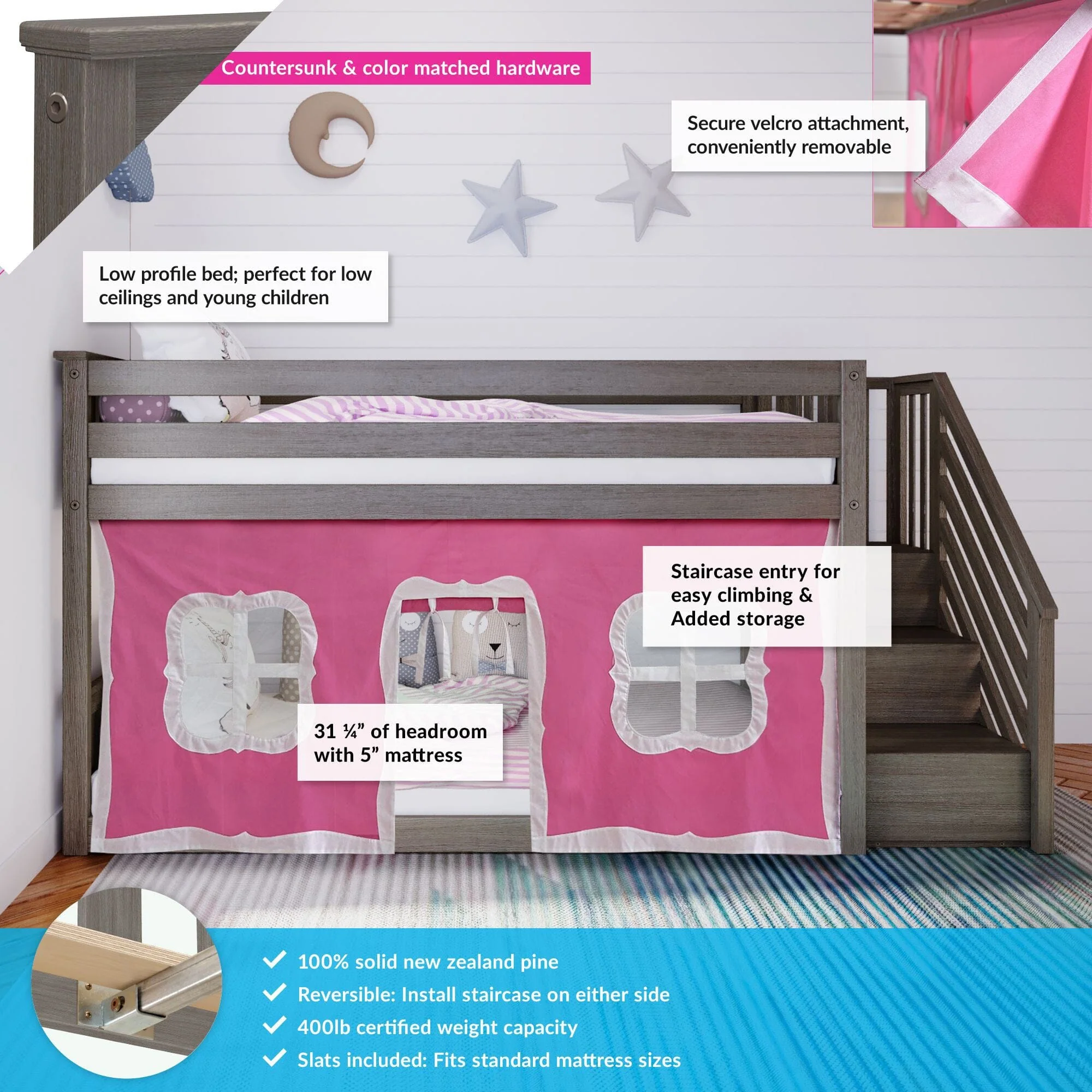 Twin Over Twin Low Bunk Bed With Staircase & Curtains - Image 12