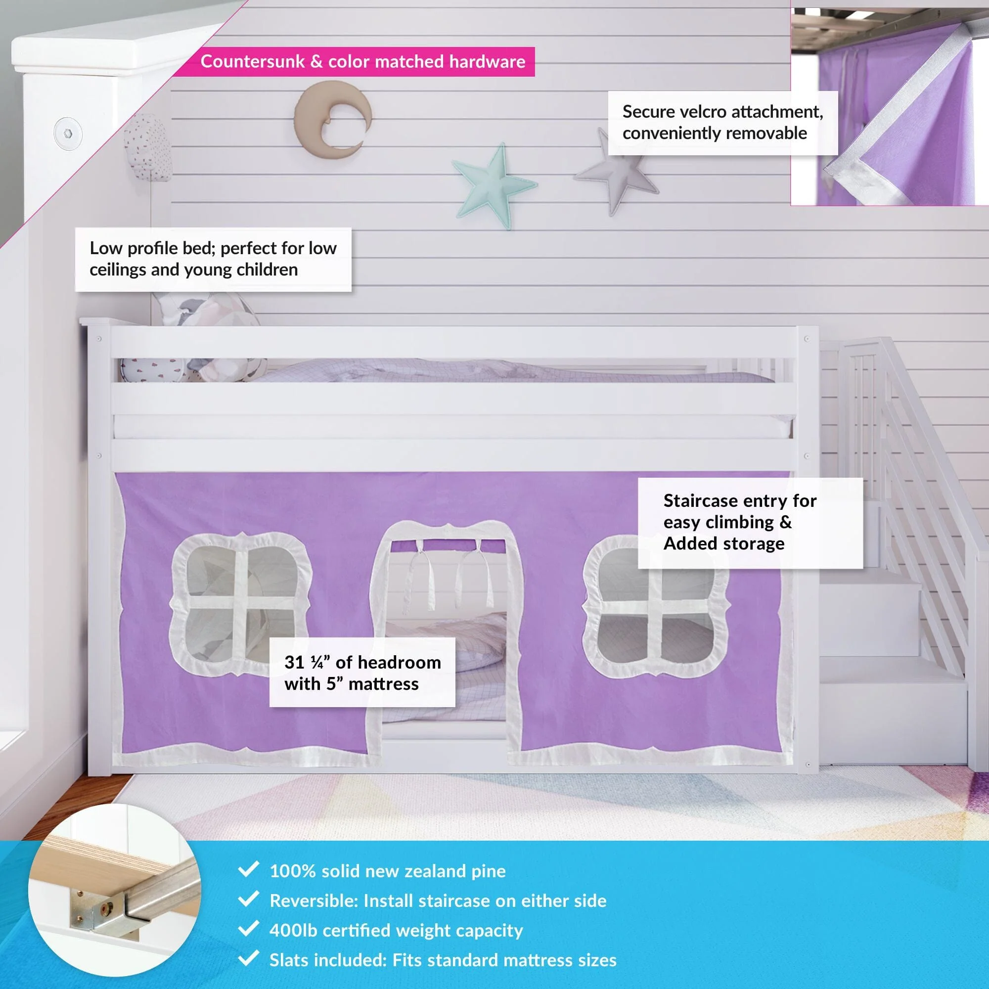 Twin Over Twin Low Bunk Bed With Staircase & Curtains - Image 14