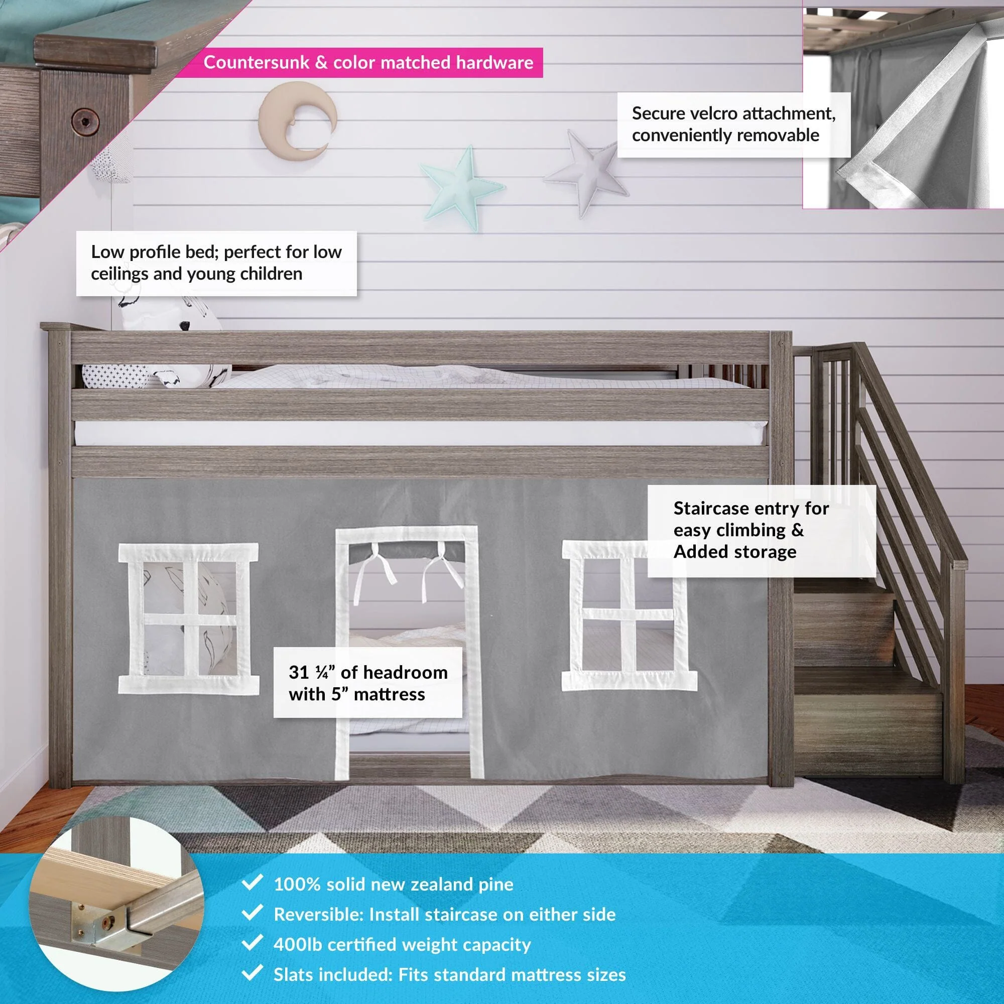 Twin Over Twin Low Bunk Bed With Staircase & Curtains - Image 15