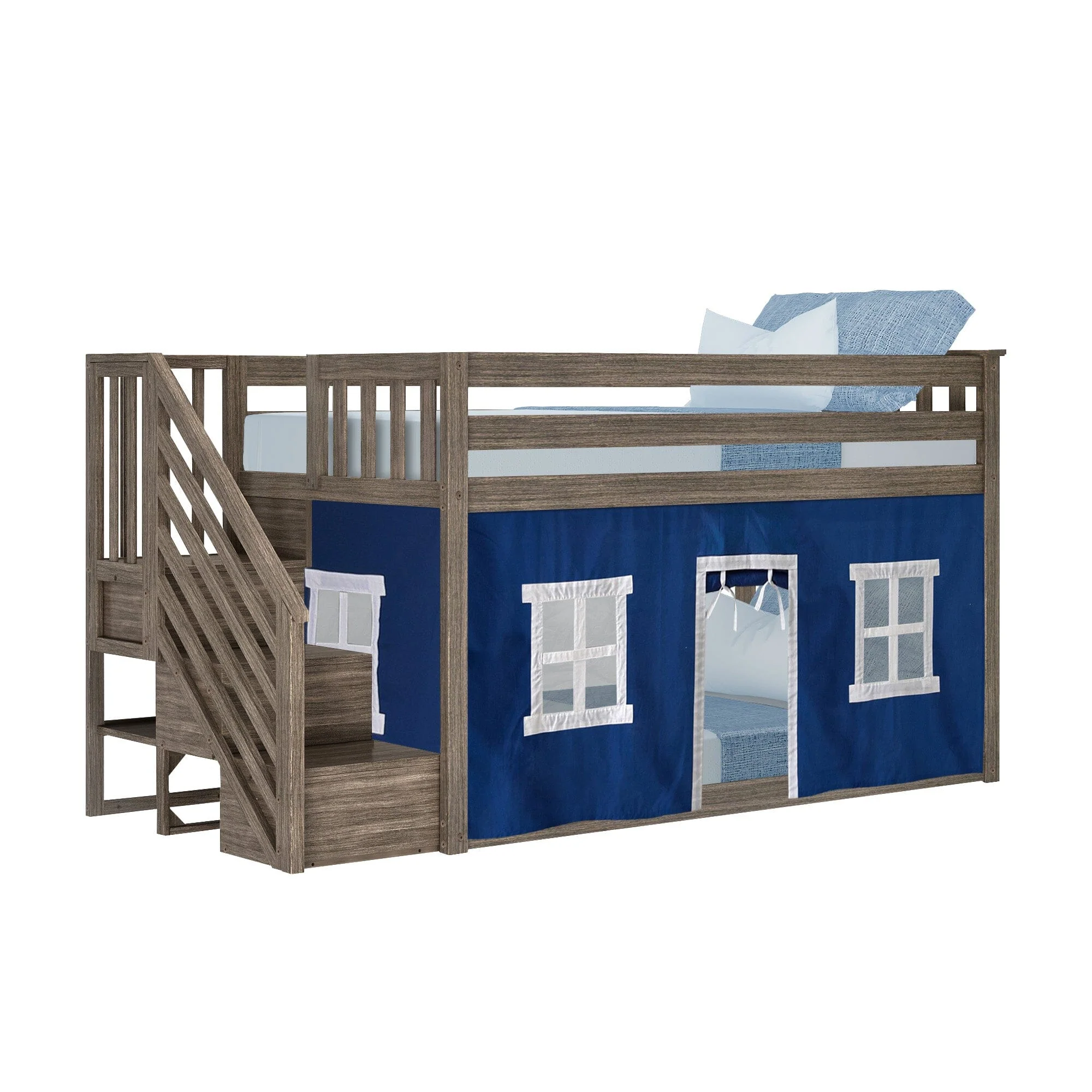 Twin Over Twin Low Bunk Bed With Staircase & Curtains - Image 17