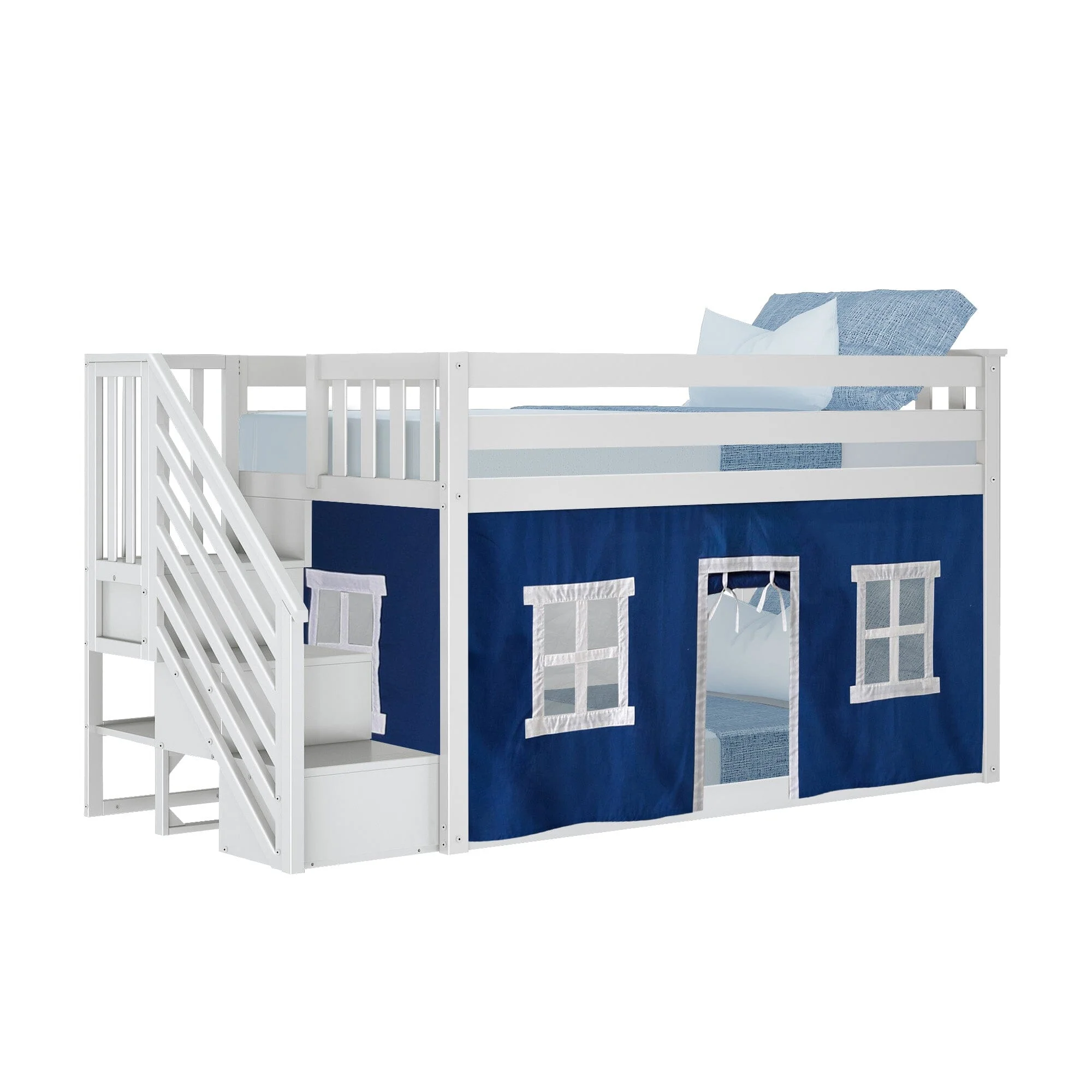 Twin Over Twin Low Bunk Bed With Staircase & Curtains - Image 18