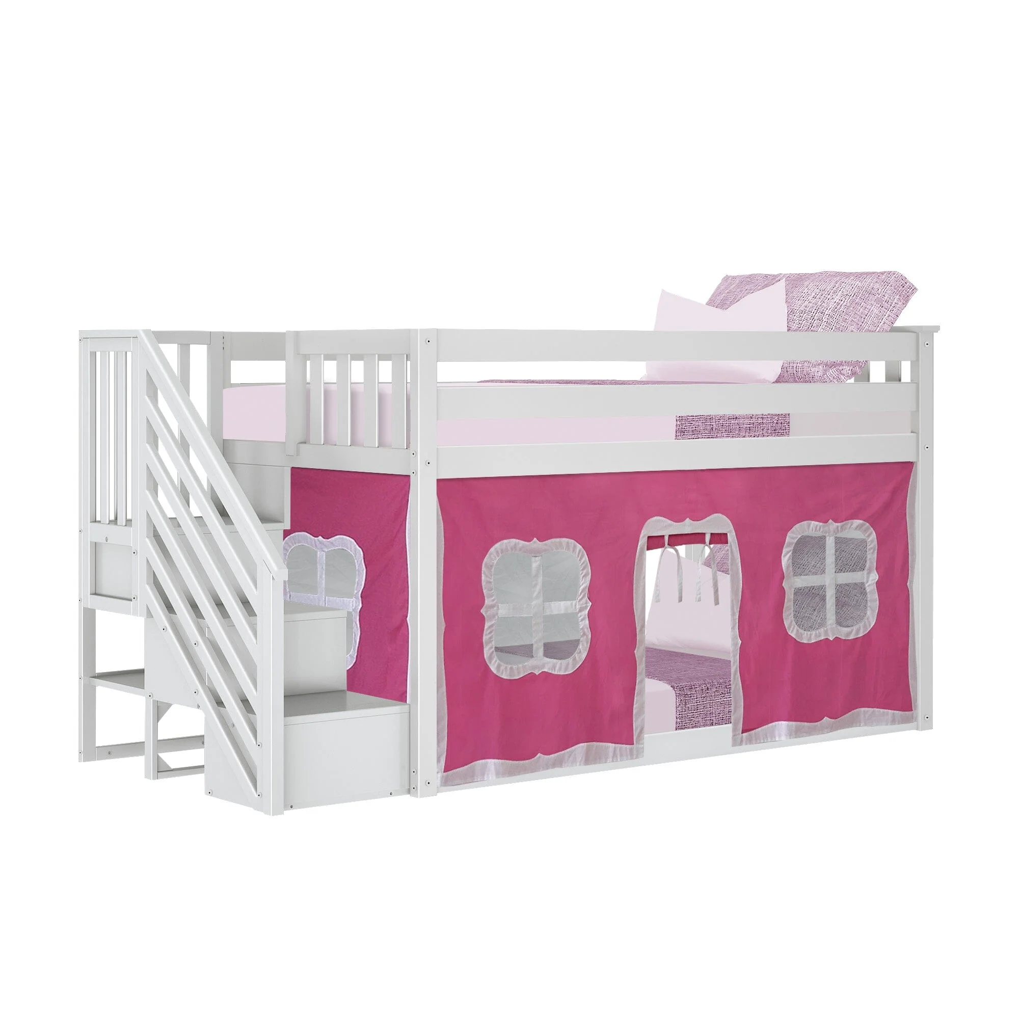 Twin Over Twin Low Bunk Bed With Staircase & Curtains - Image 19