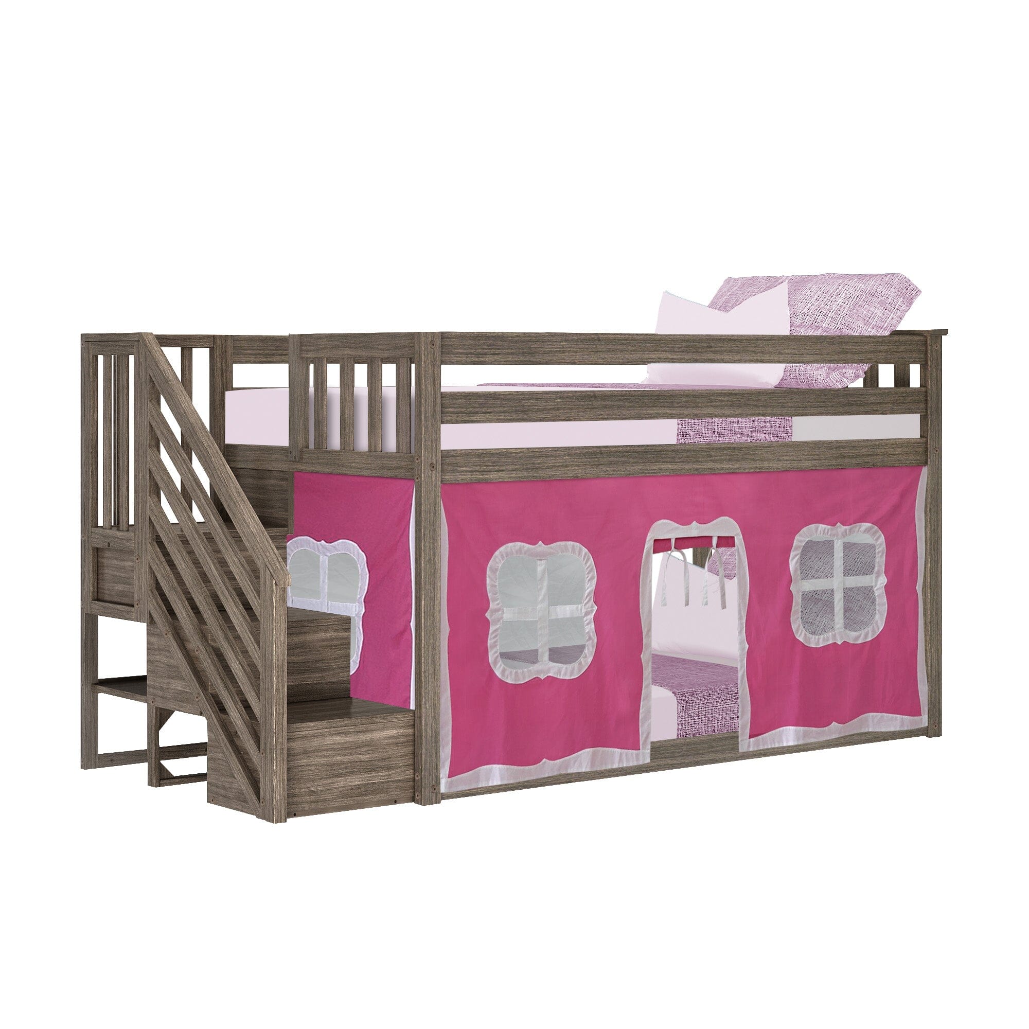 Twin Over Twin Low Bunk Bed With Staircase & Curtains - Image 20