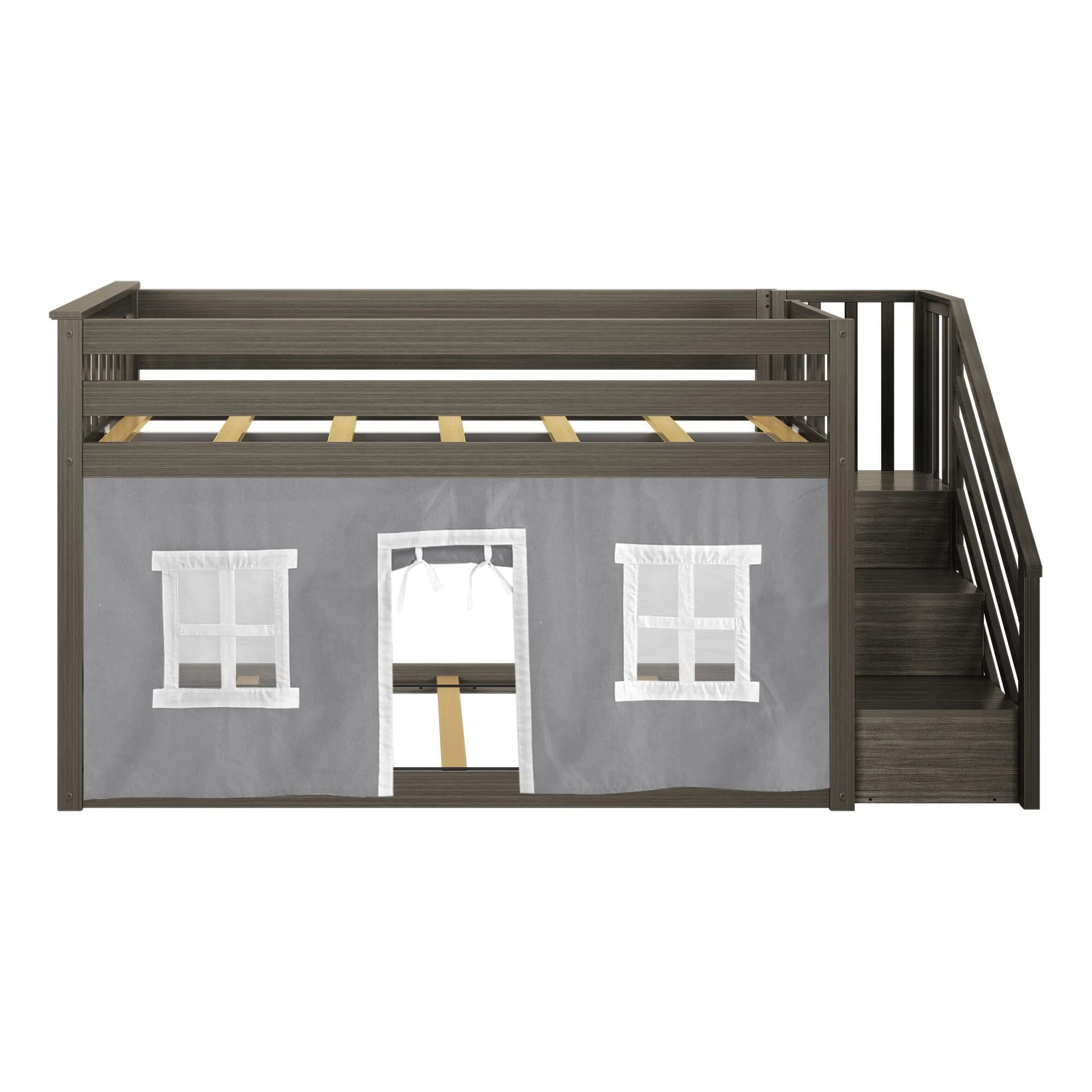 Twin Over Twin Low Bunk Bed With Staircase & Curtains - Image 31