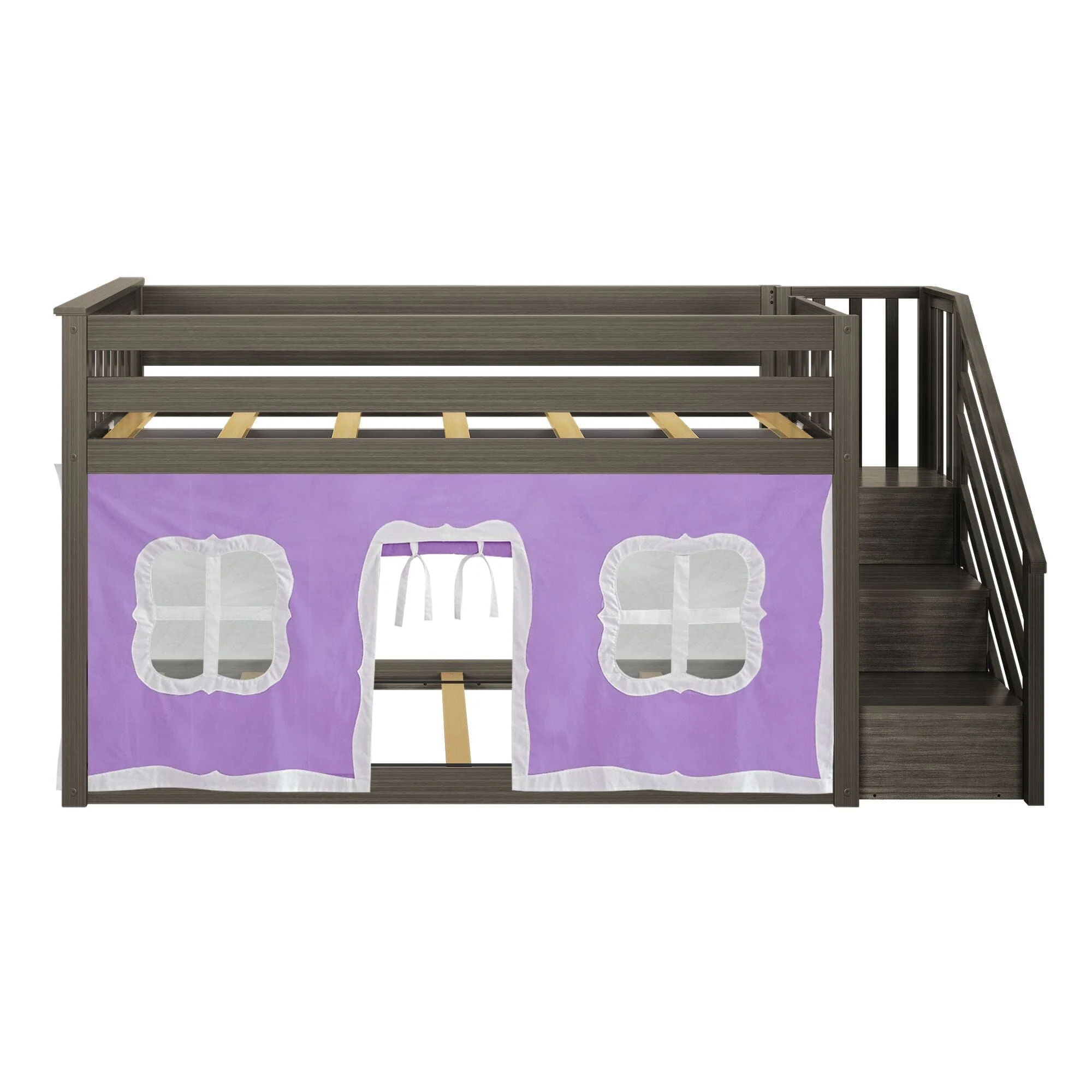 Twin Over Twin Low Bunk Bed With Staircase & Curtains - Image 32