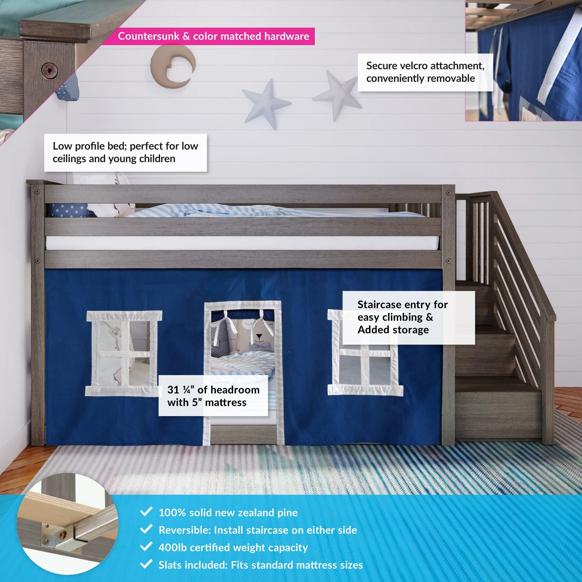 Twin Over Twin Low Bunk Bed With Staircase & Curtains - Image 9