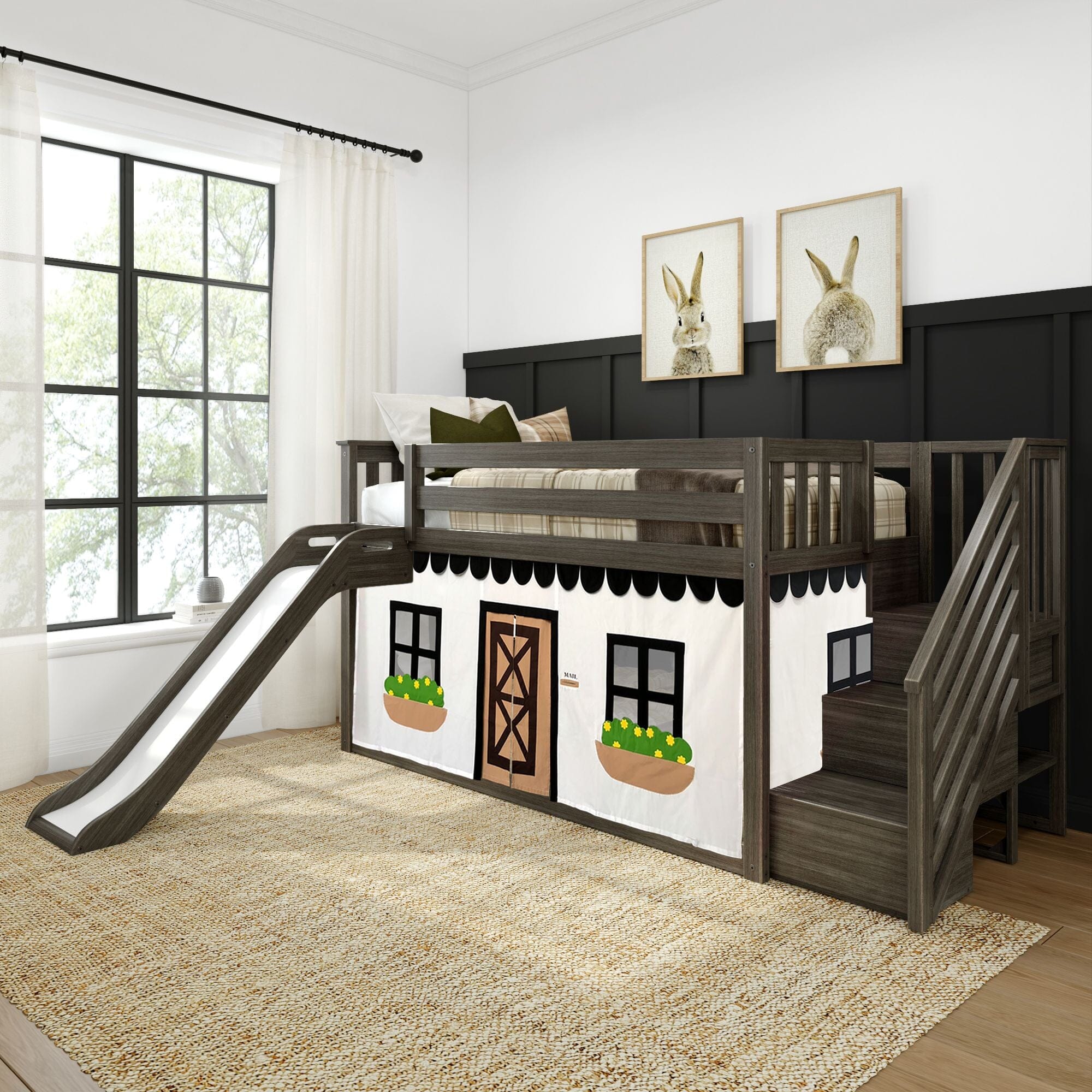 Twin Over Twin Low Bunk Bed with Stairs, Slide, & Black & White Farmhouse Curtain - Image 2