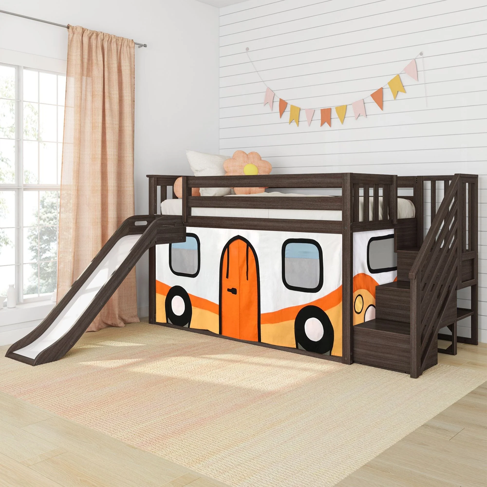 Twin Over Twin Low Bunk Bed with Stairs, Slide, & Camper Van Curtain - Image 2
