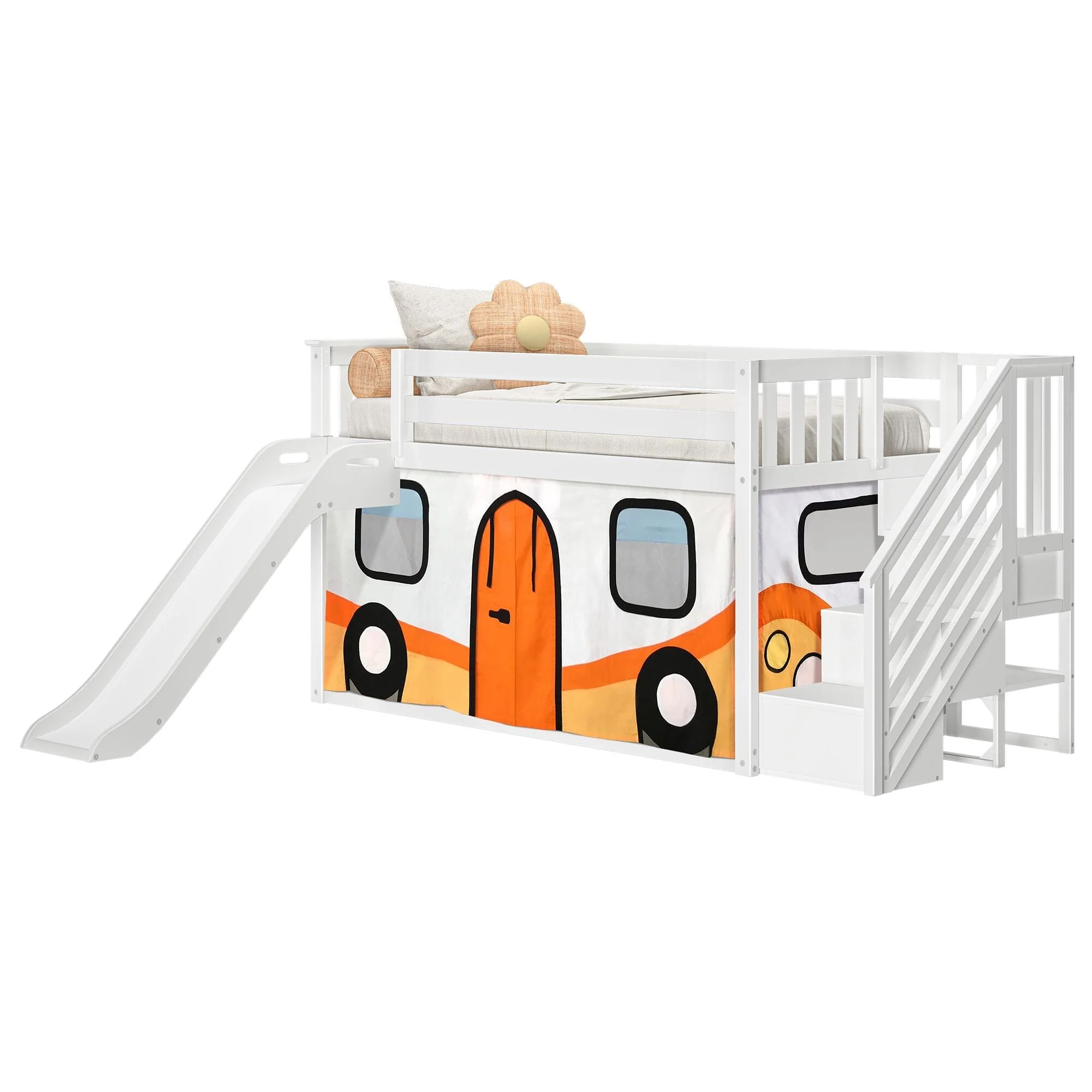 Twin Over Twin Low Bunk Bed with Stairs, Slide, & Camper Van Curtain - Image 5
