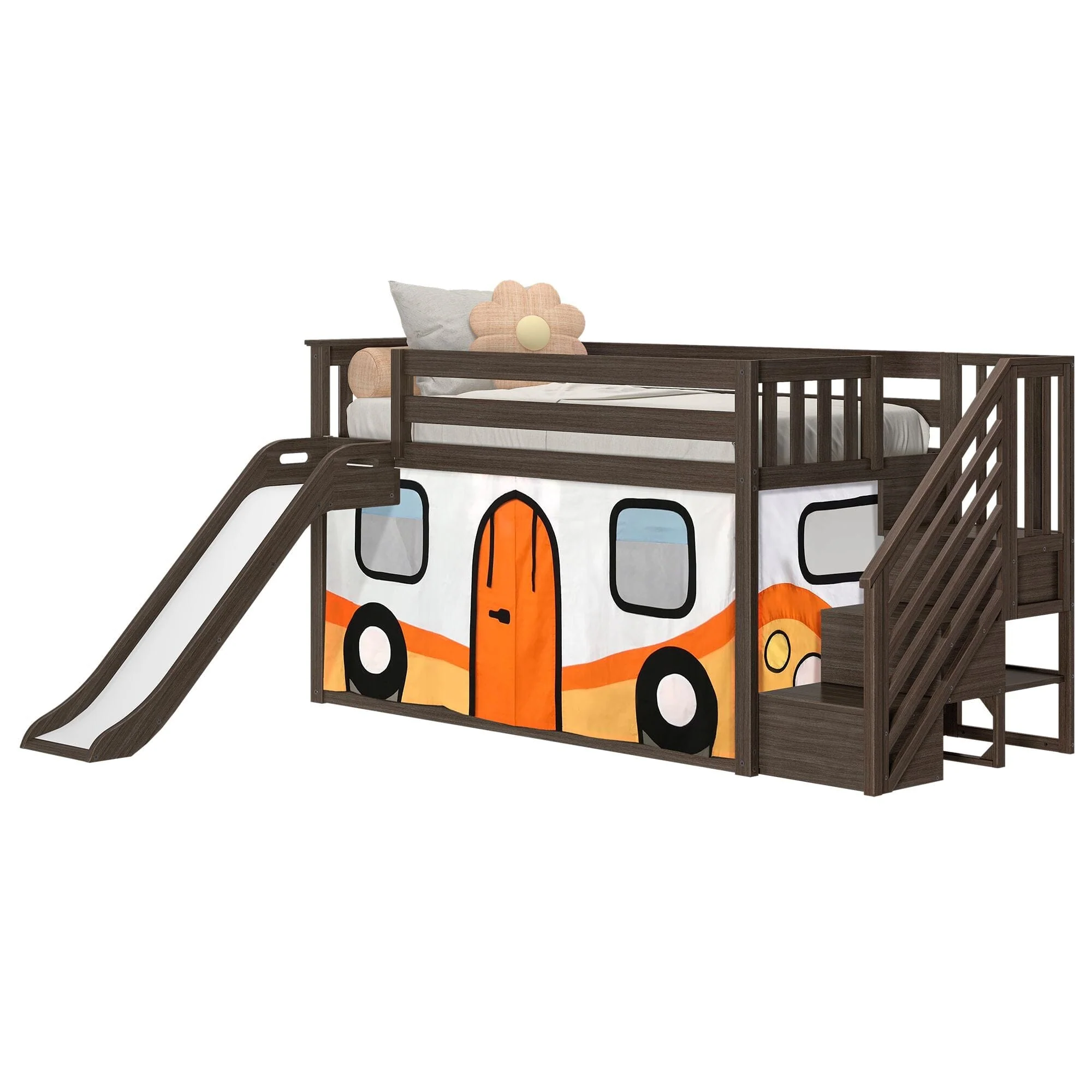 Twin Over Twin Low Bunk Bed with Stairs, Slide, & Camper Van Curtain - Image 6