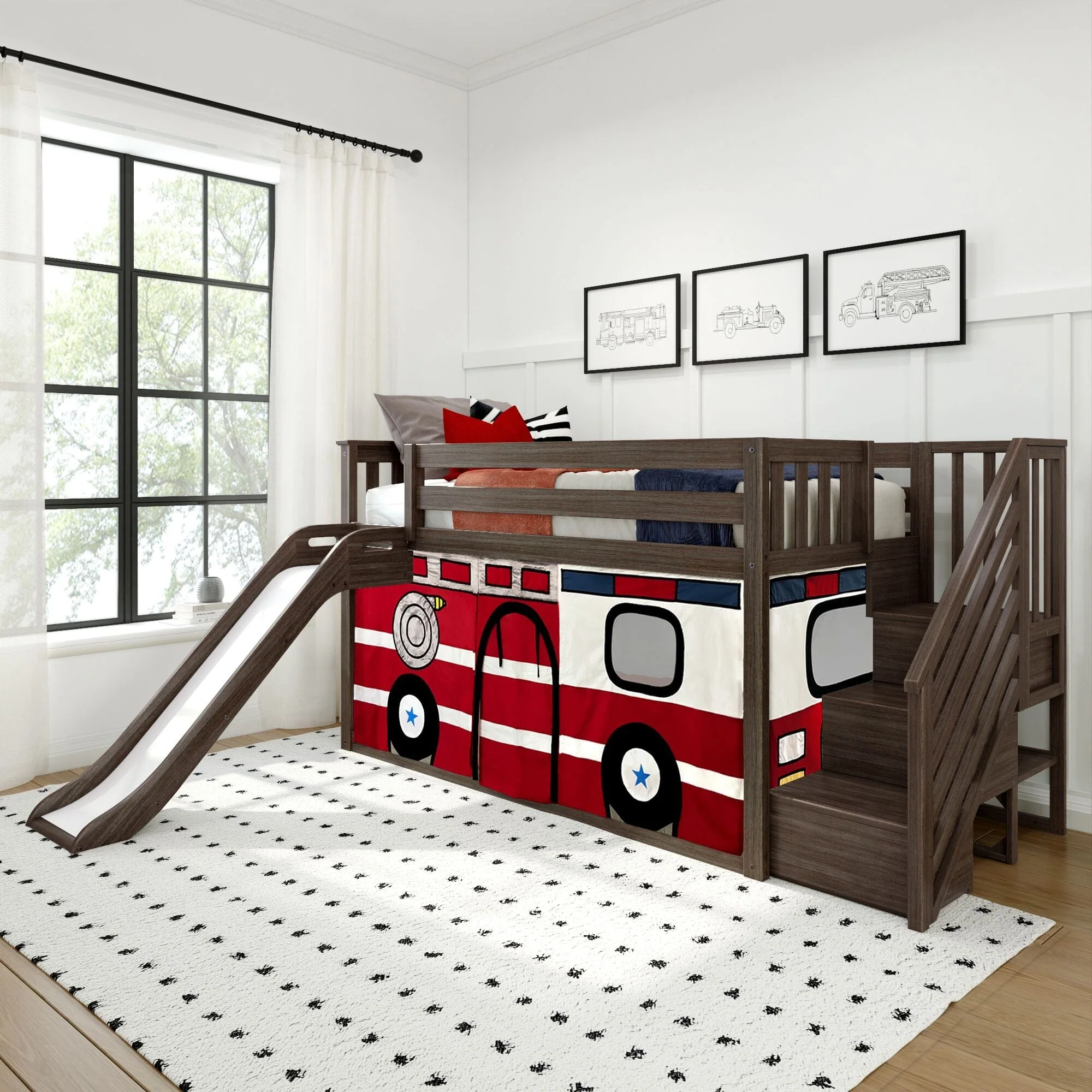 Twin Over Twin Low Bunk Bed with Stairs, Slide, & Firetruck Curtain - Image 2