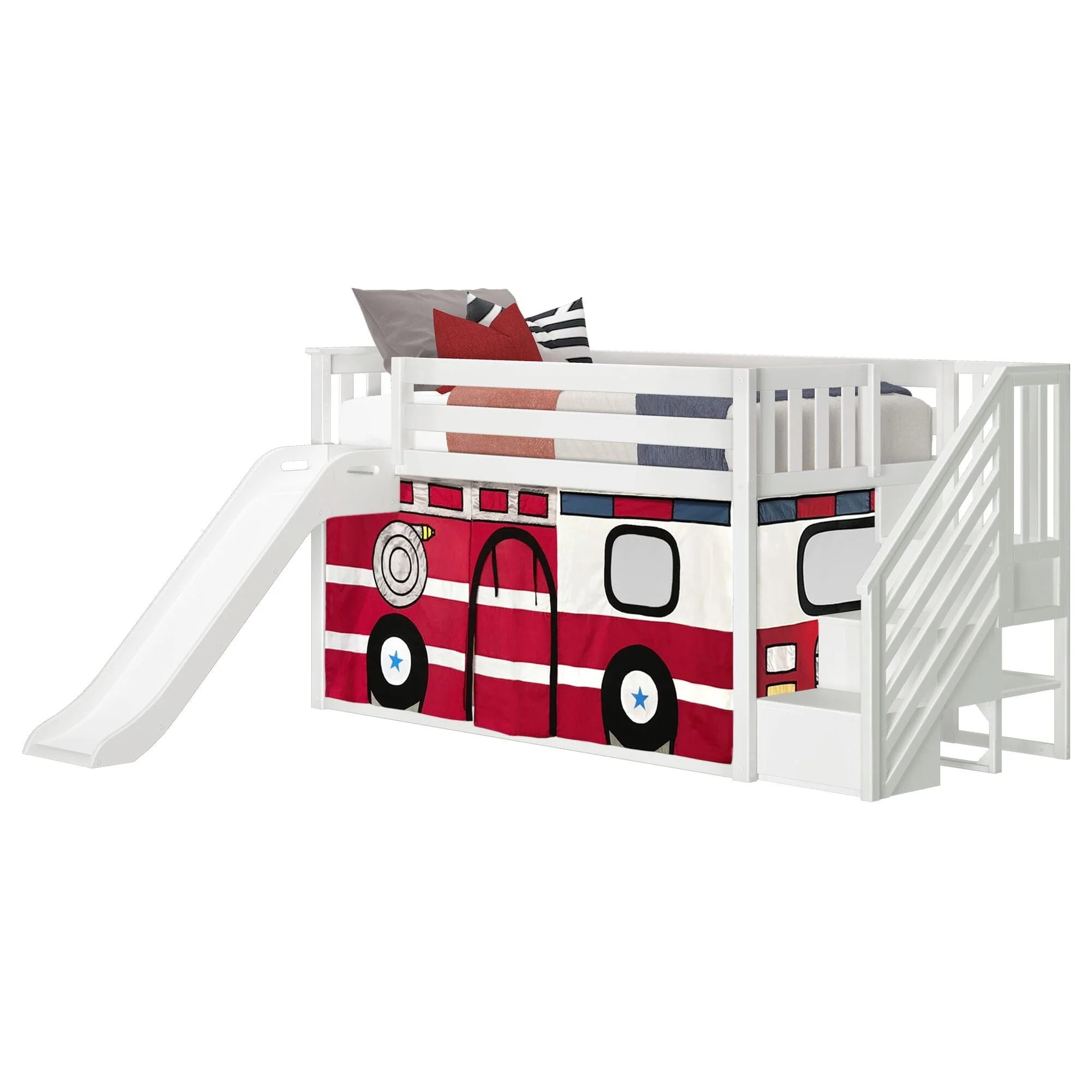 Twin Over Twin Low Bunk Bed with Stairs, Slide, & Firetruck Curtain - Image 5