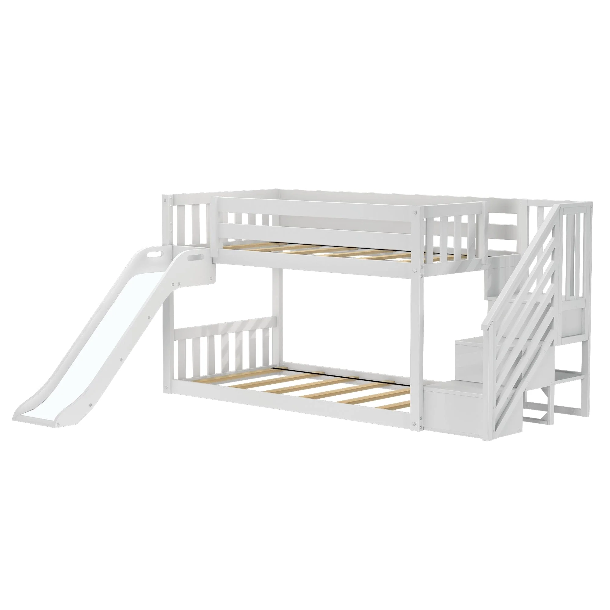 Twin Over Twin Low Bunk Bed with Stairs, Slide, & Firetruck Curtain - Image 7