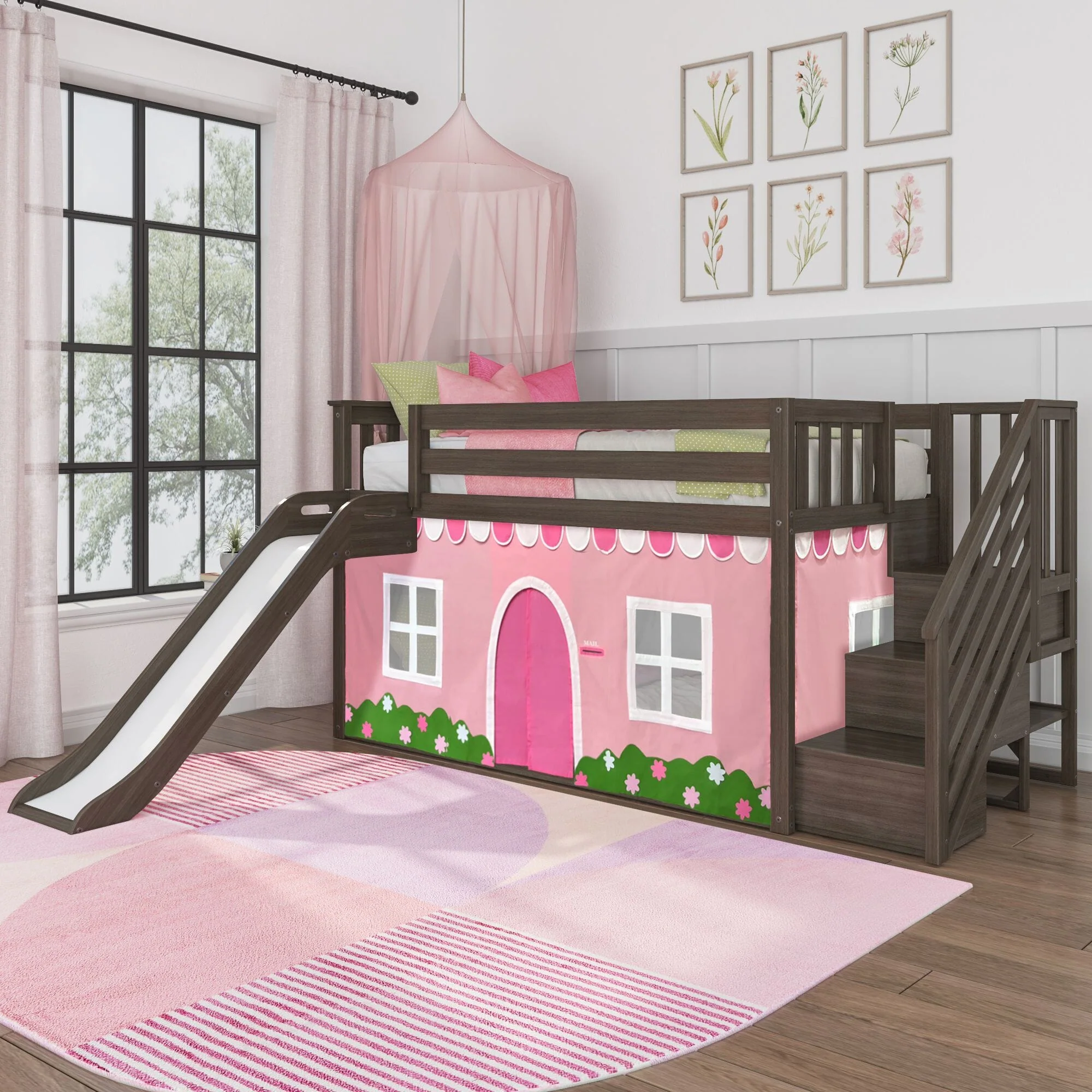 Twin Over Twin Low Bunk Bed with Stairs, Slide, & Pink & White Farmhouse Curtain - Image 2