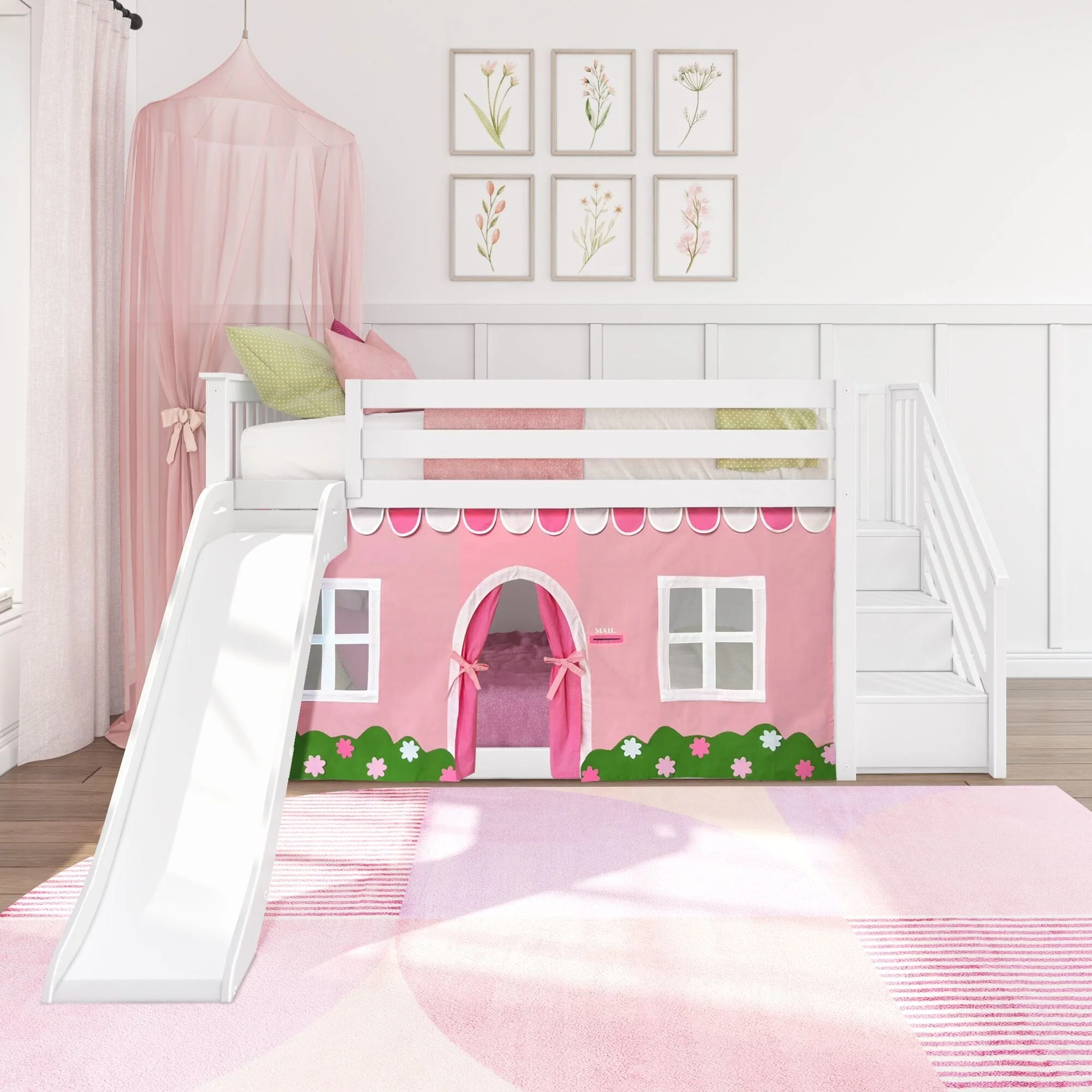 Twin Over Twin Low Bunk Bed with Stairs, Slide, & Pink & White Farmhouse Curtain - Image 3