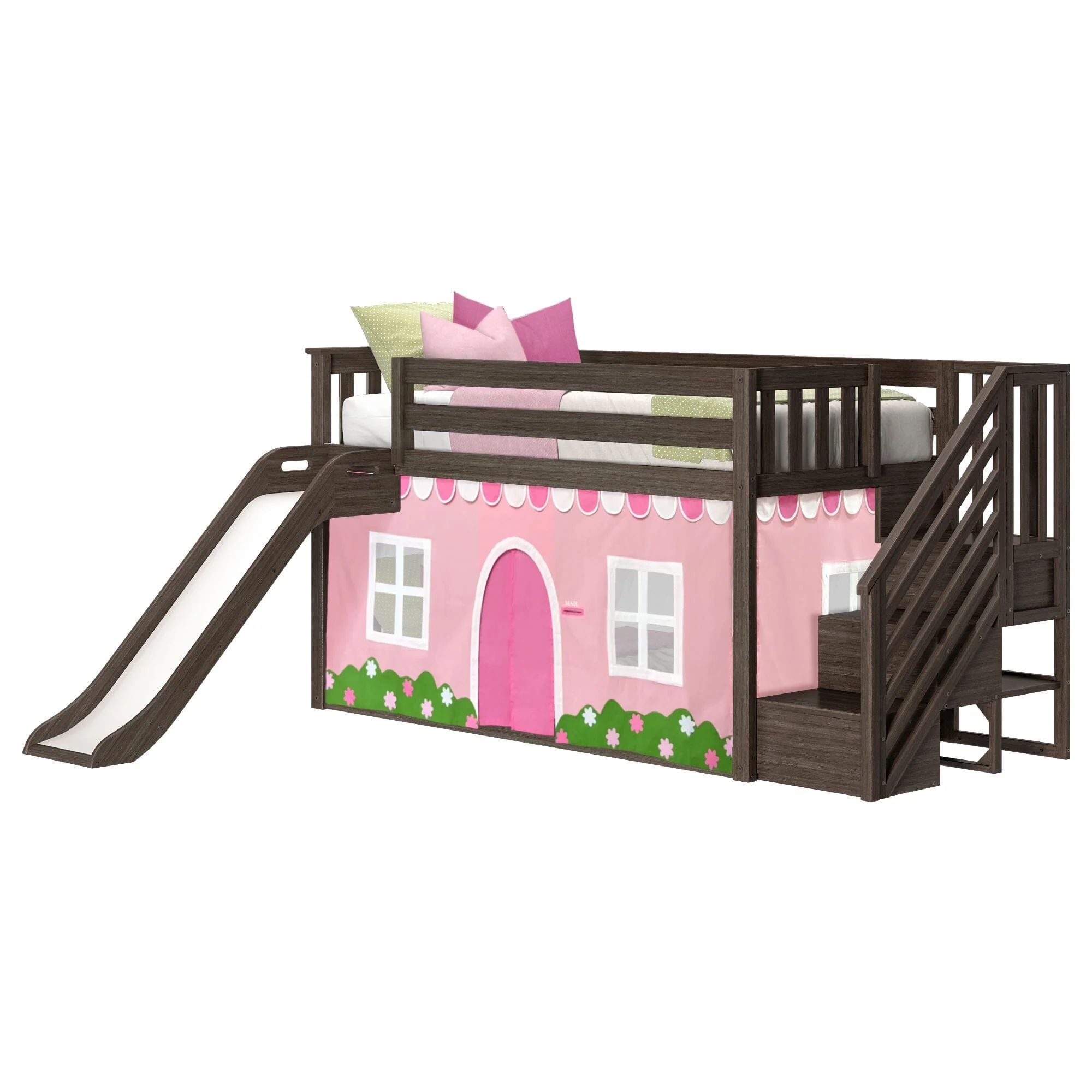 Twin Over Twin Low Bunk Bed with Stairs, Slide, & Pink & White Farmhouse Curtain - Image 6