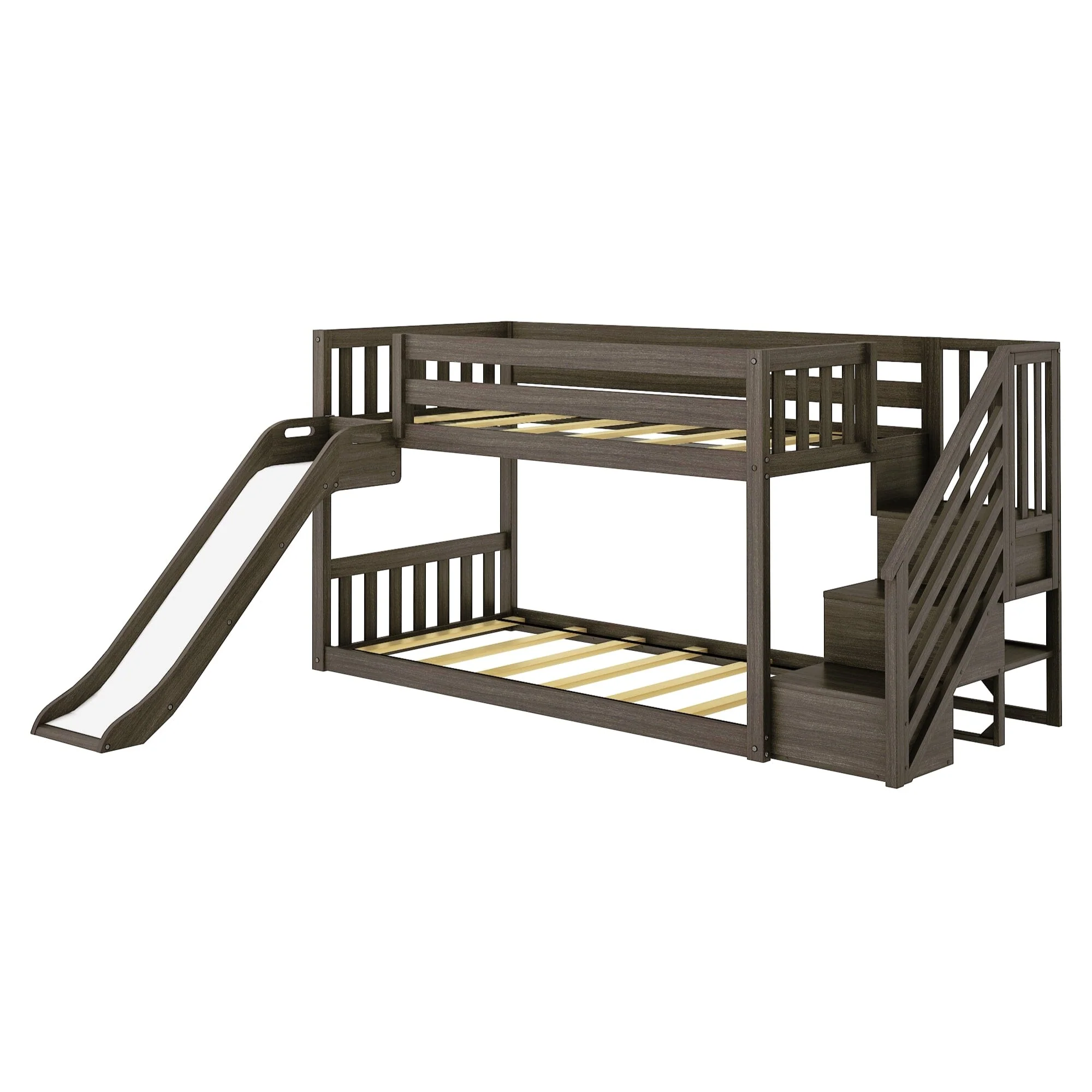 Twin Over Twin Low Bunk Bed with Stairs, Slide, & Pink & White Farmhouse Curtain - Image 8